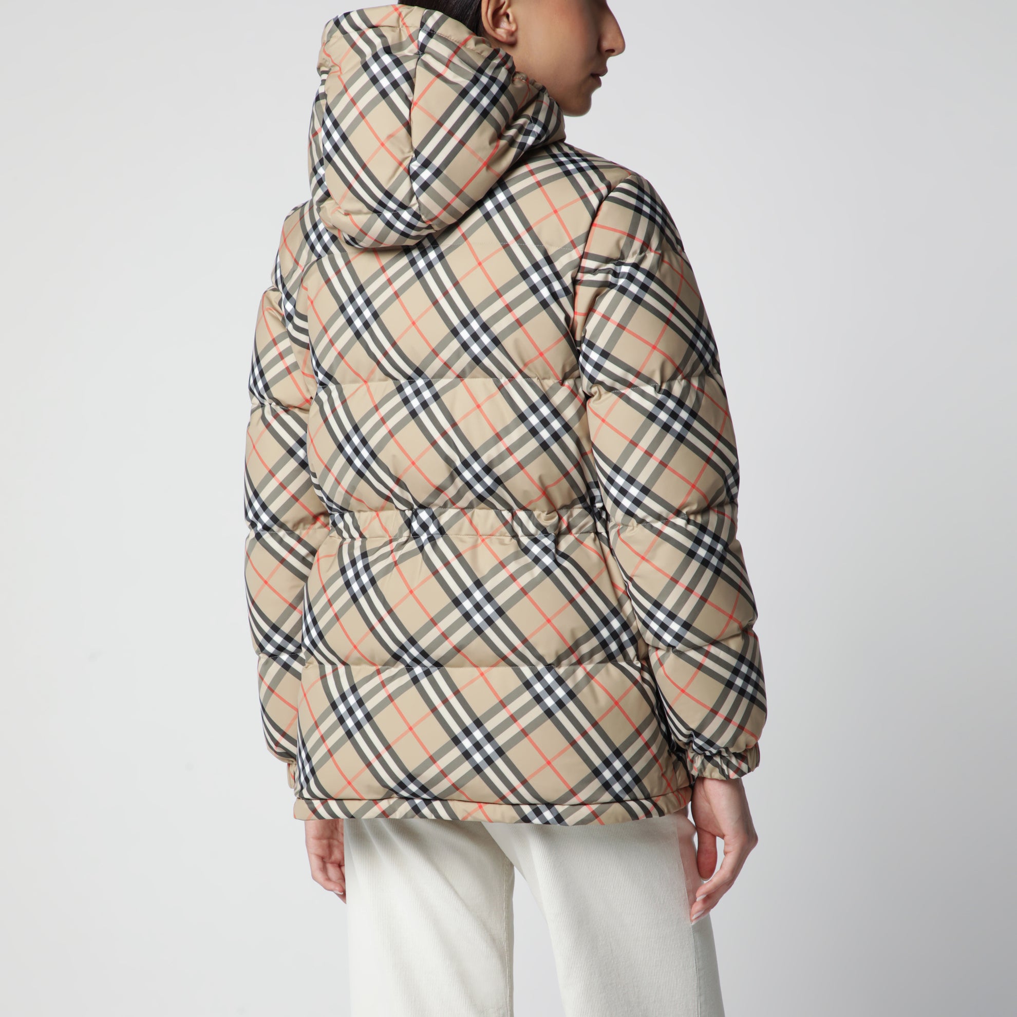 Hooded check nylon puffer jacket in sand