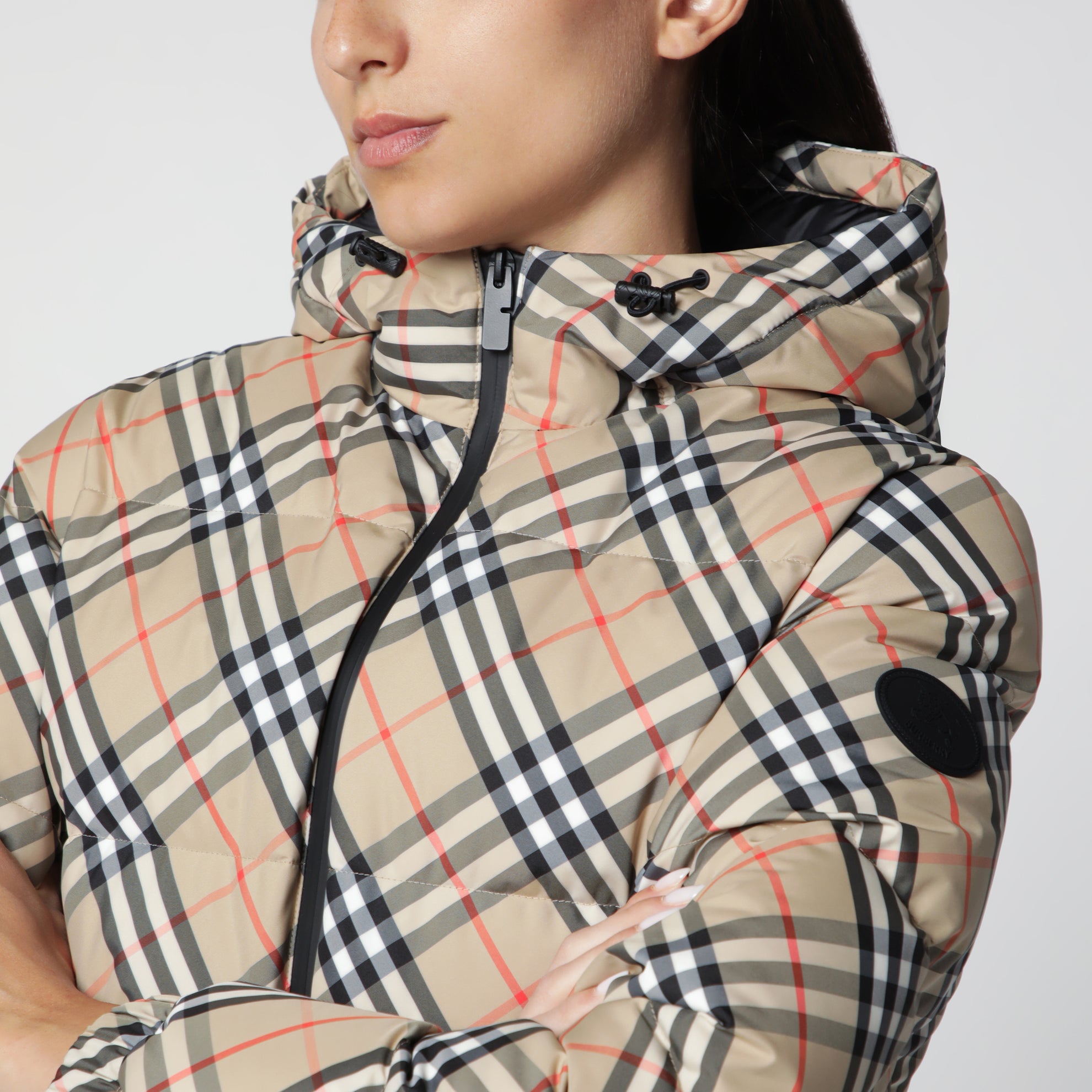 Hooded check nylon puffer jacket in sand