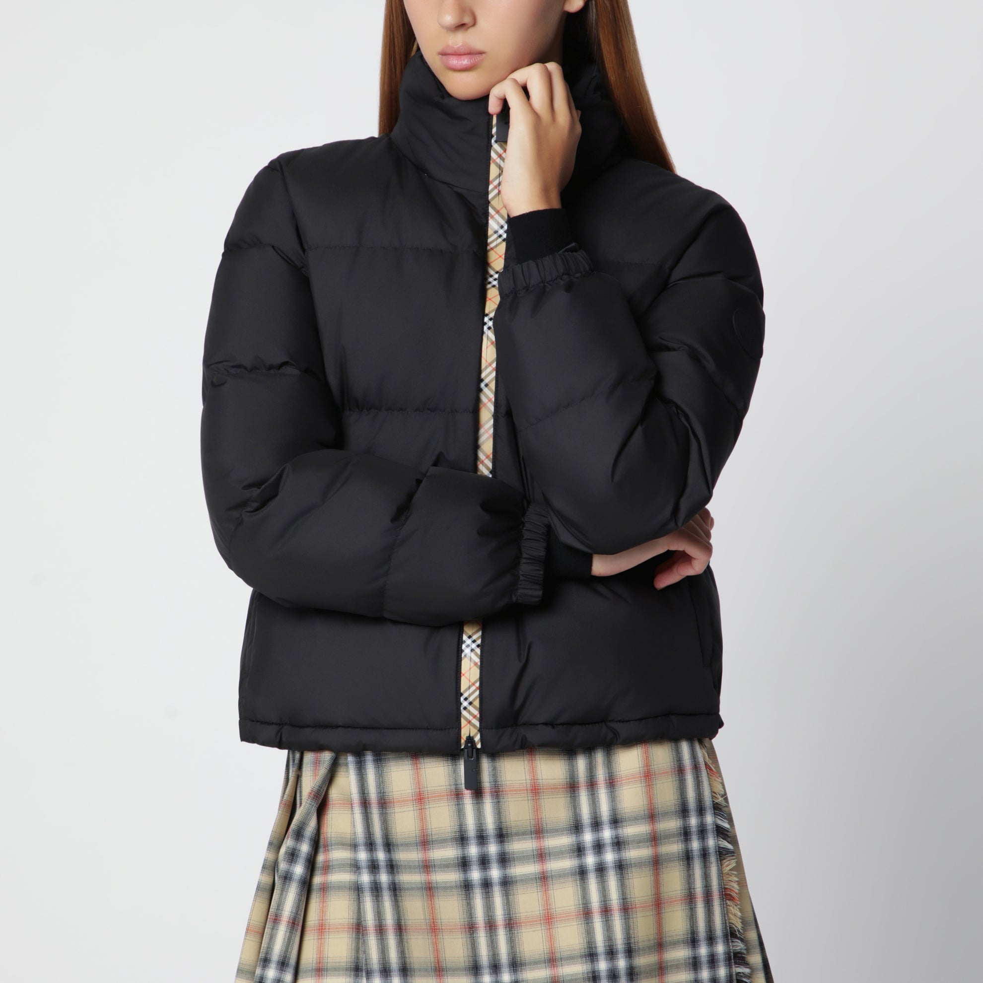 Black Zip-Up Down Jacket with Check Detail