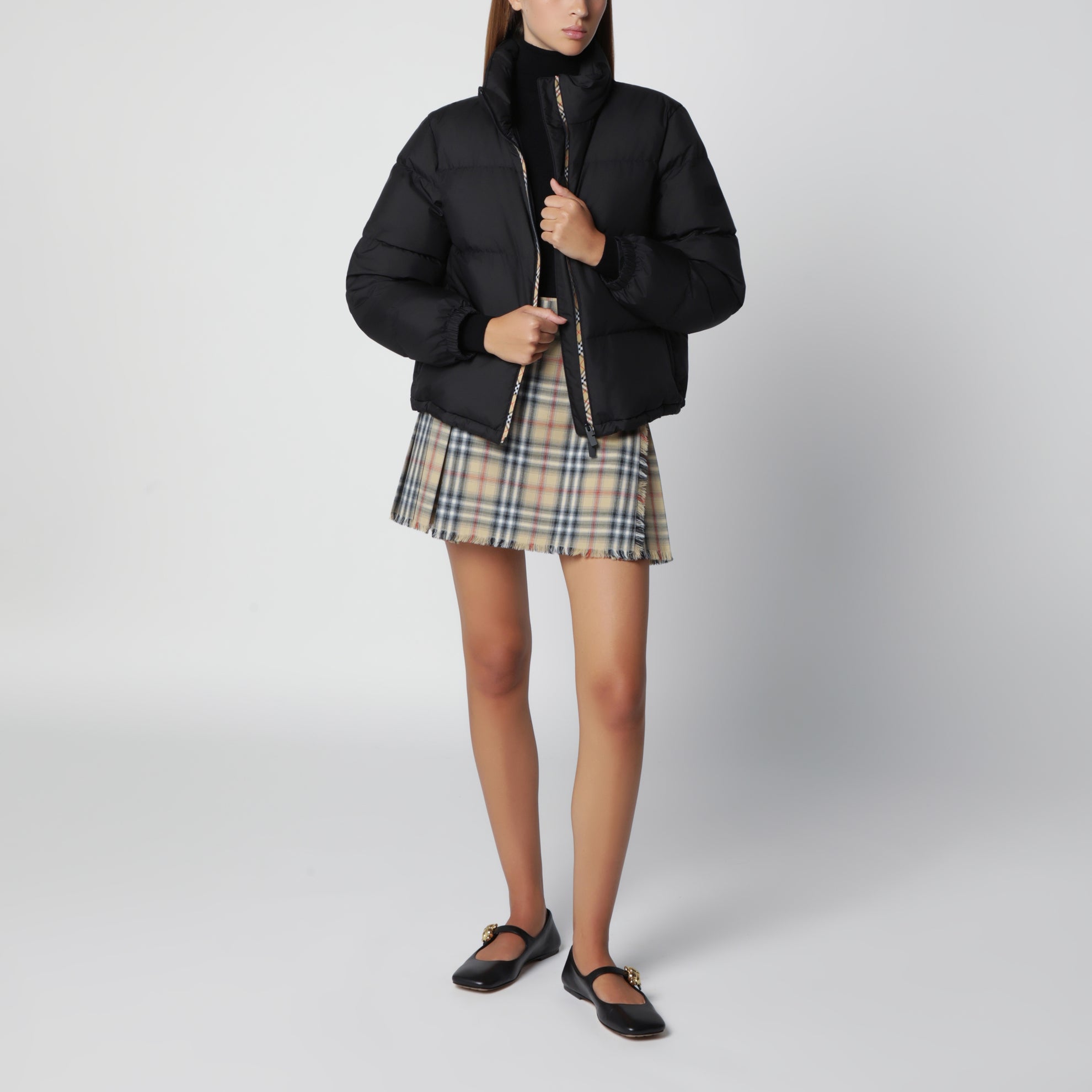 Black Zip-Up Down Jacket with Check Detail