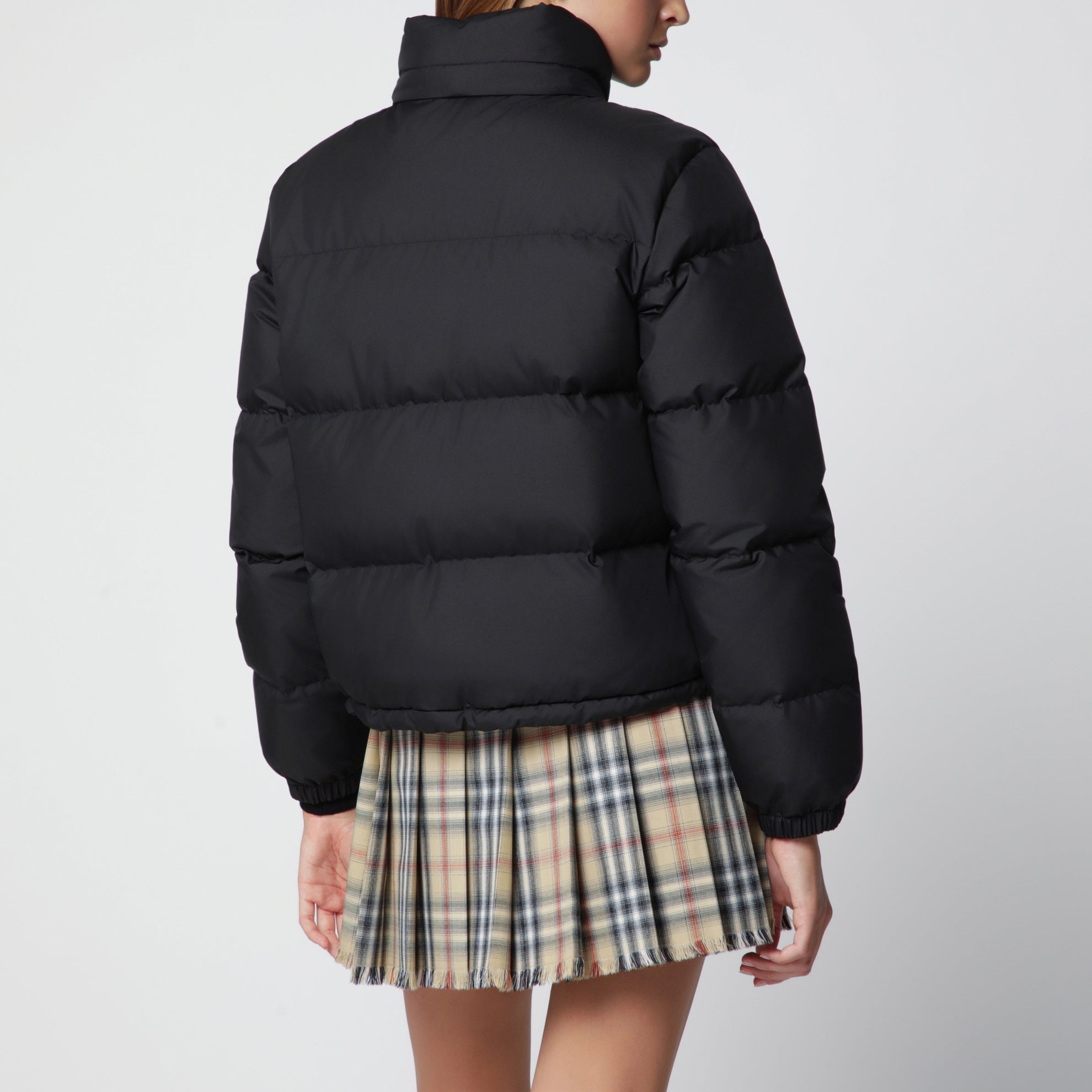Black Zip-Up Down Jacket with Check Detail