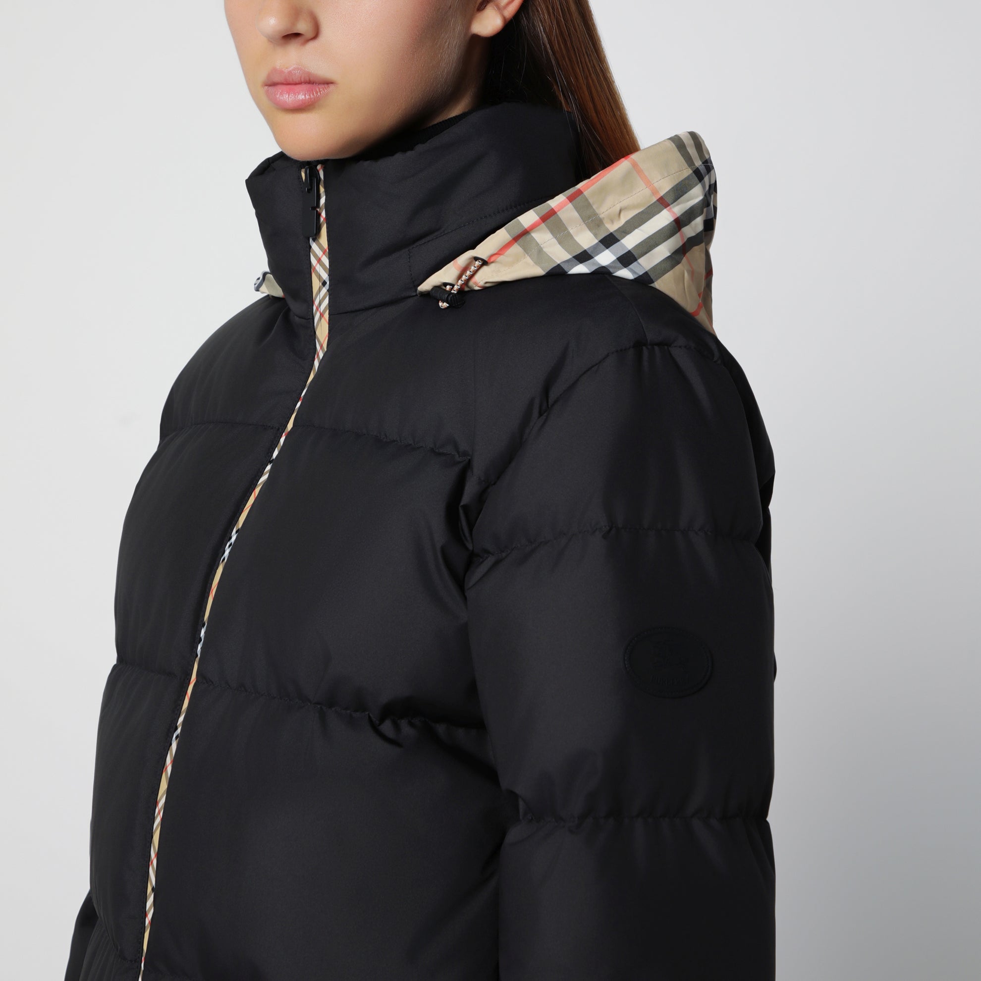 Black Zip-Up Down Jacket with Check Detail