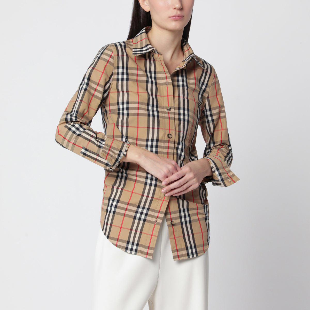 Camicia Check beige in cotone stretch