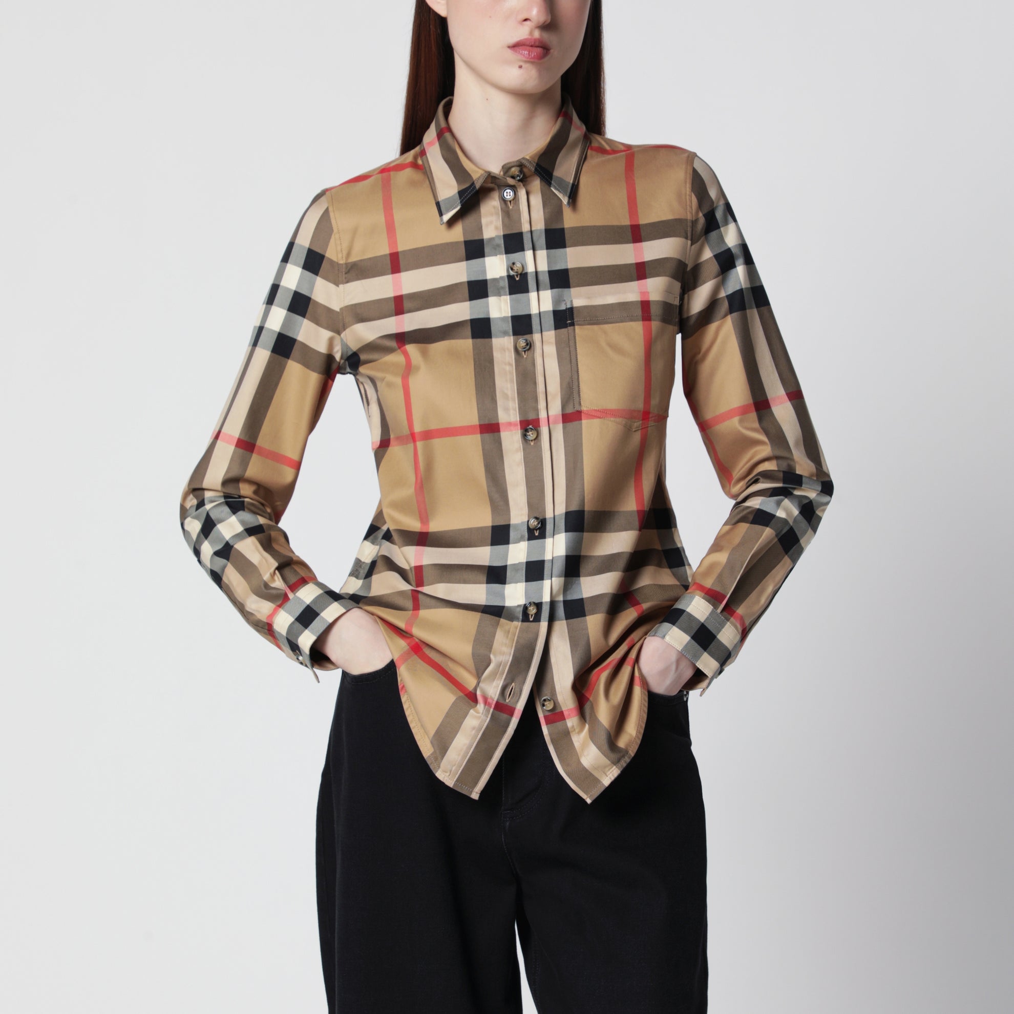 Slim-Fit-Hemd aus Baumwolltwill im Check in Beige