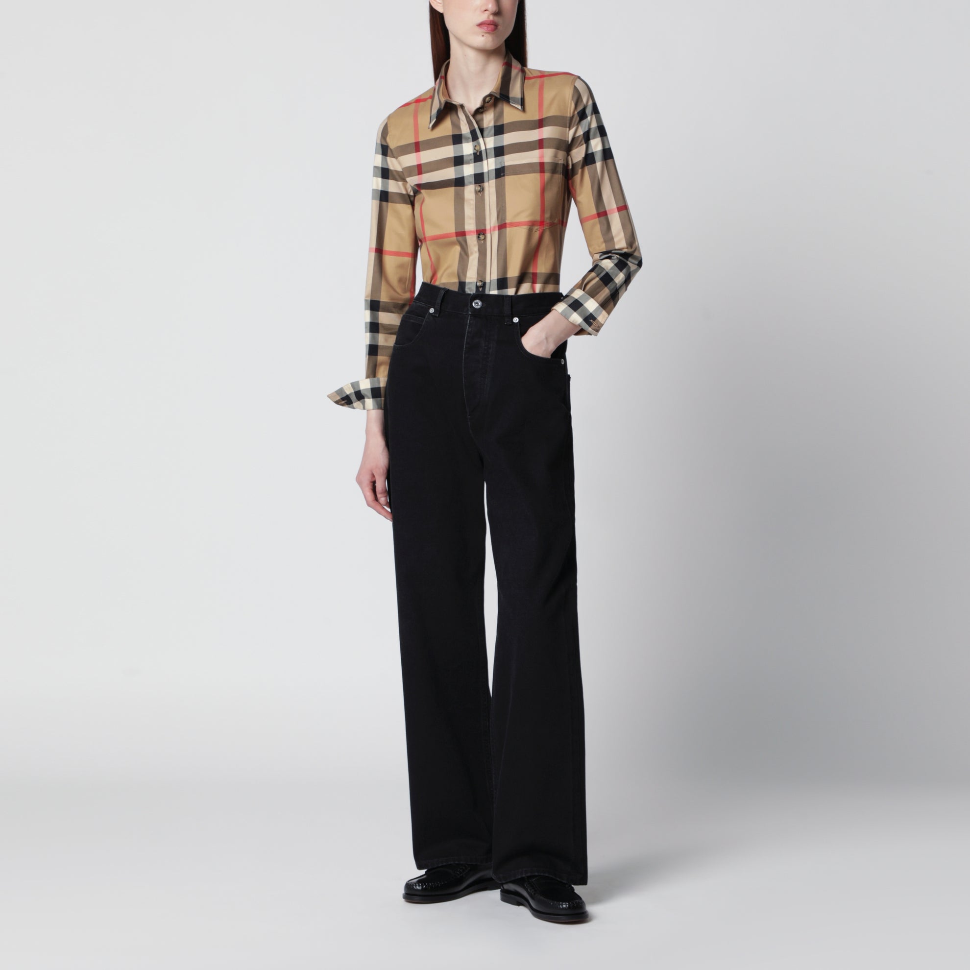Slim-Fit-Hemd aus Baumwolltwill im Check in Beige