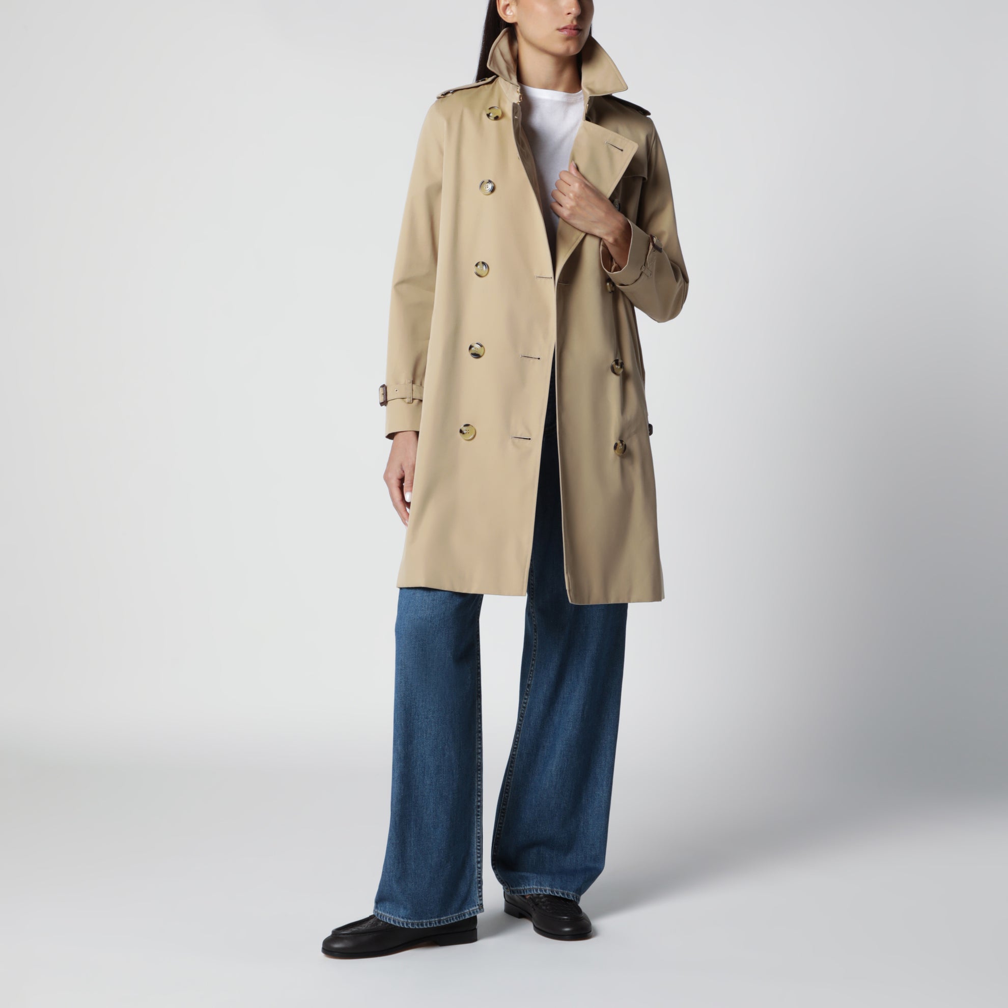 Beiger zweireihiger Kensington Trenchcoat aus Baumwolle