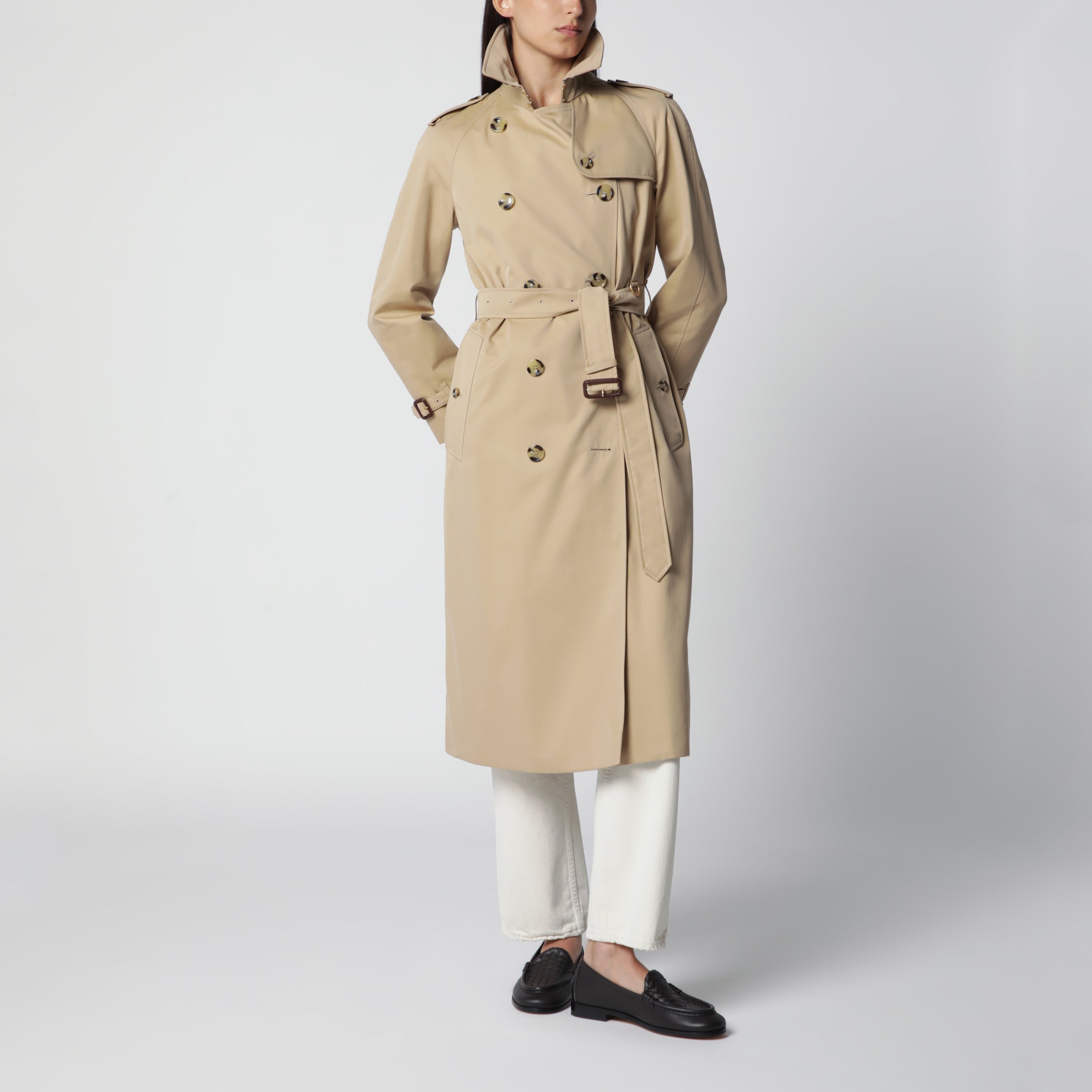 Trench-coat Waterloo long en gabardine de coton miel