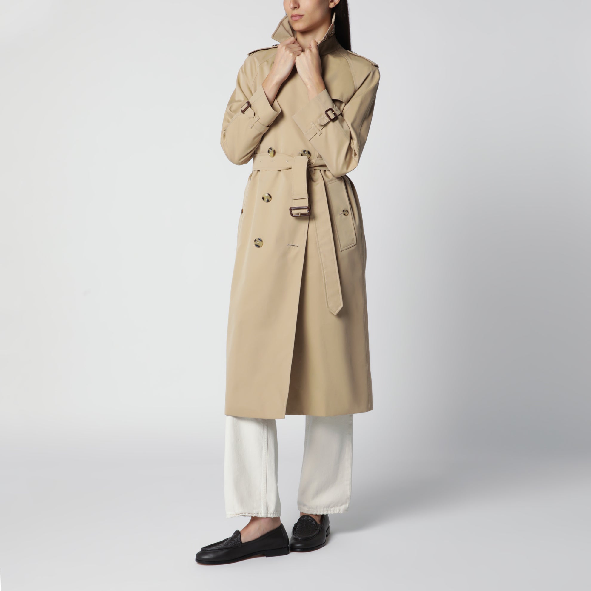 Trench-coat Waterloo long en gabardine de coton miel