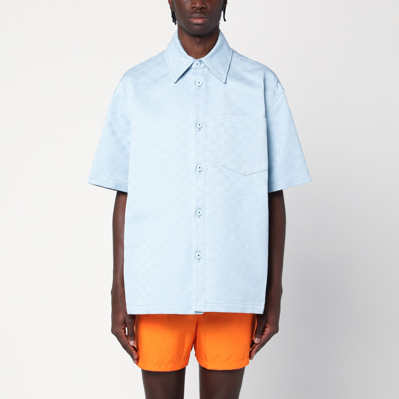 Camicia celeste in cotone GG jacquard