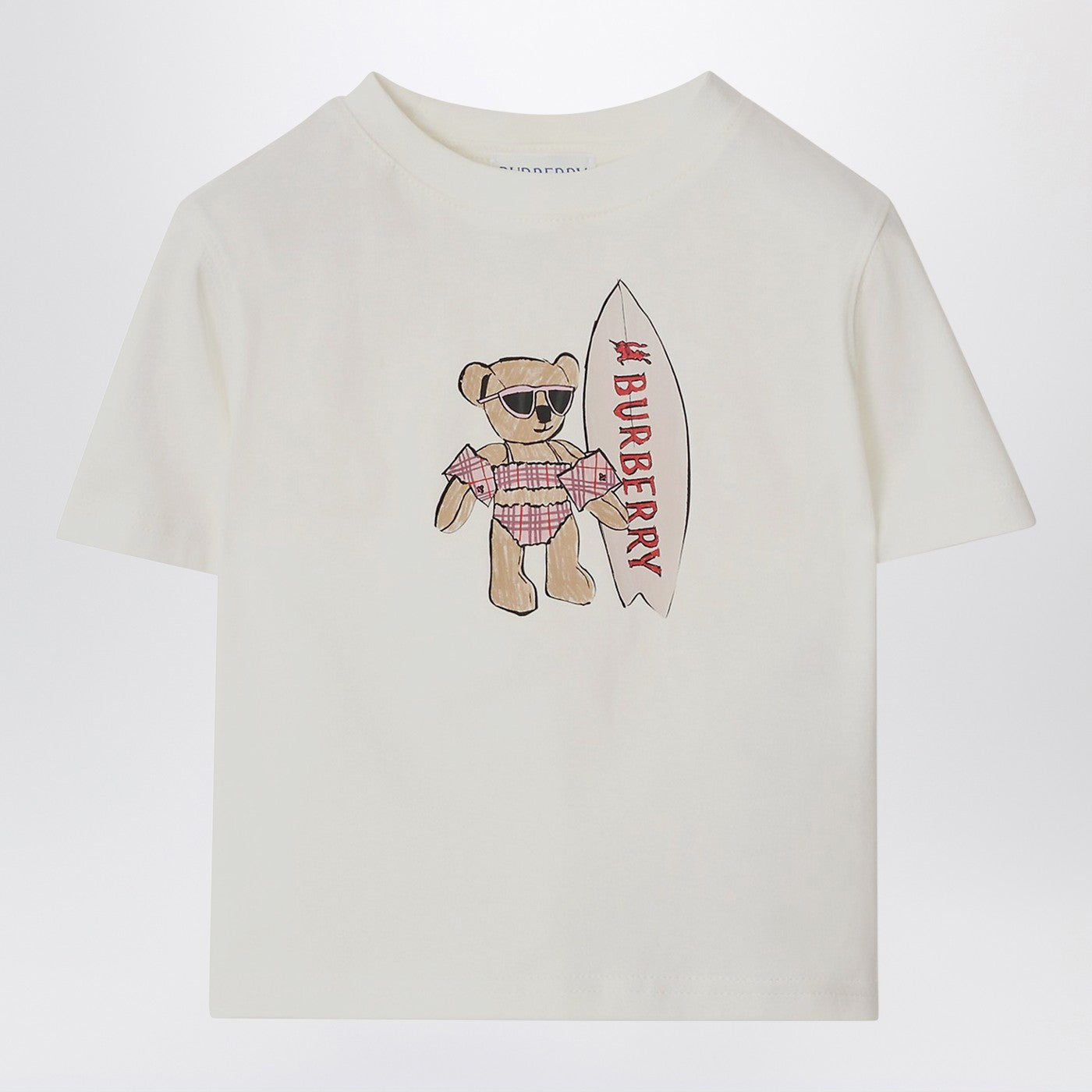 Weißes T-Shirt mit surfendem Teddybär