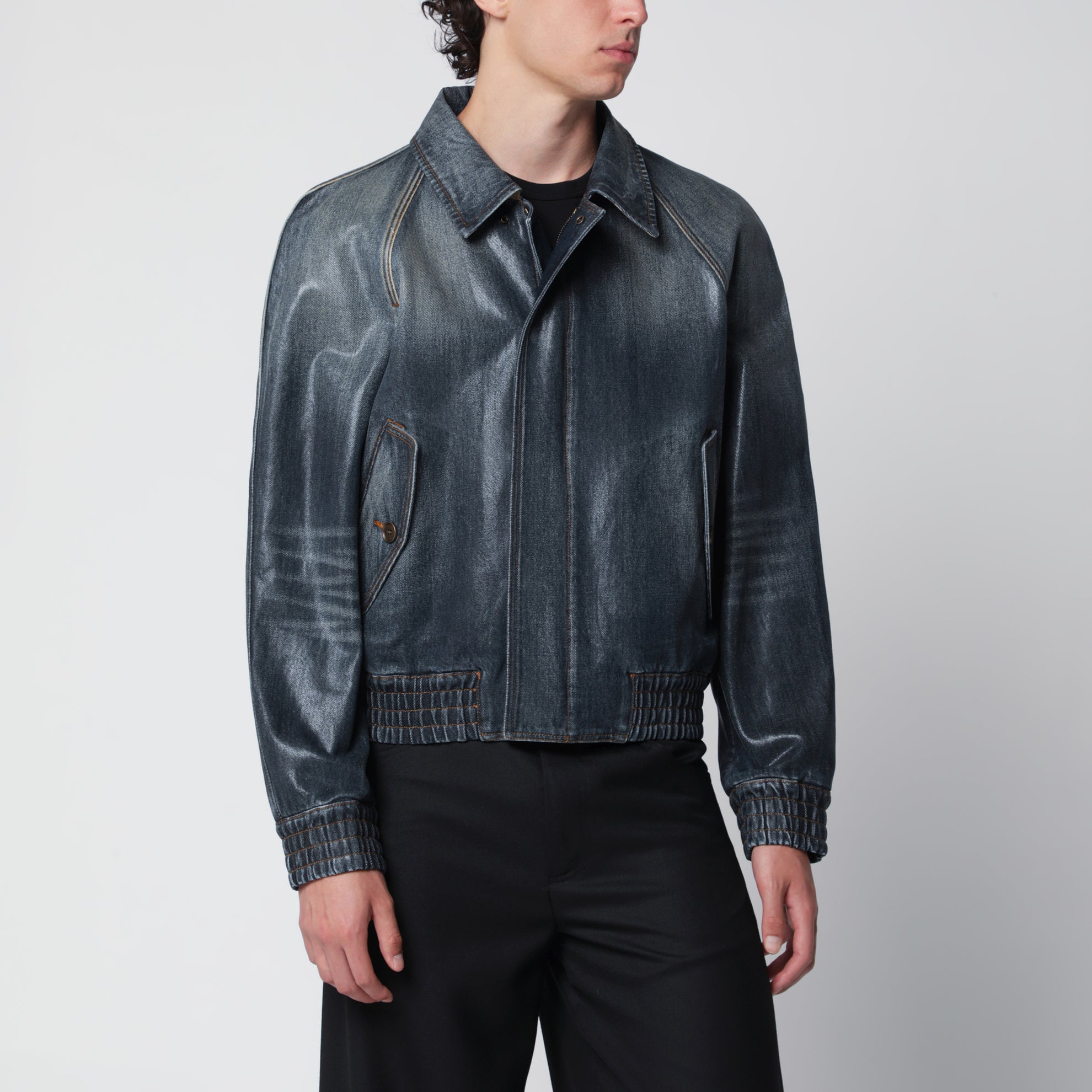 Giacca aviator in denim spalmato blu medio