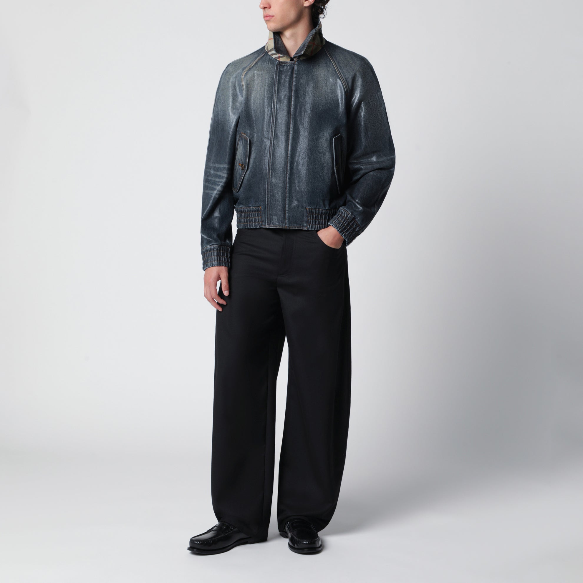 Giacca aviator in denim spalmato blu medio