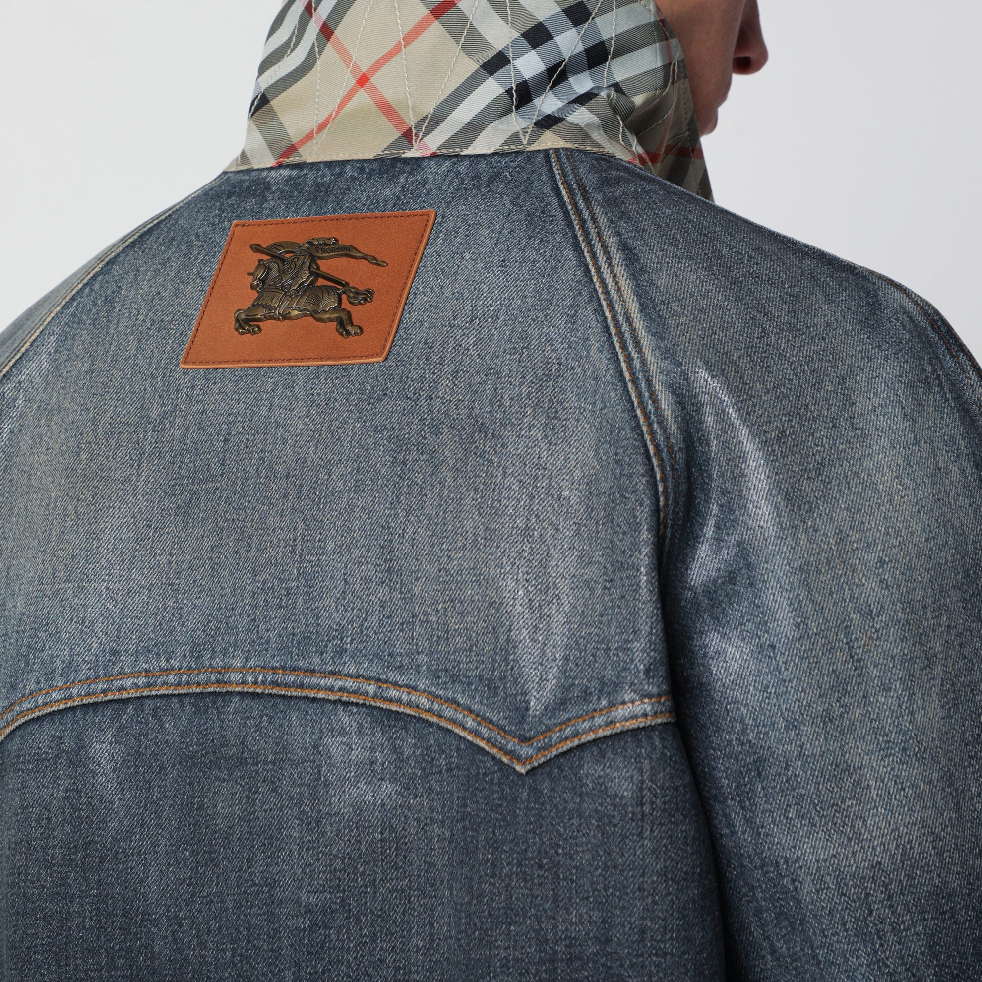 Giacca aviator in denim spalmato blu medio