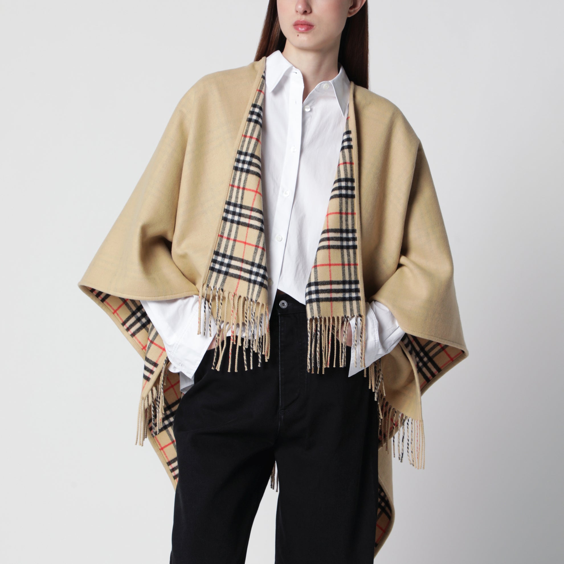 Mantellina reversibile in lana check beige sabbia