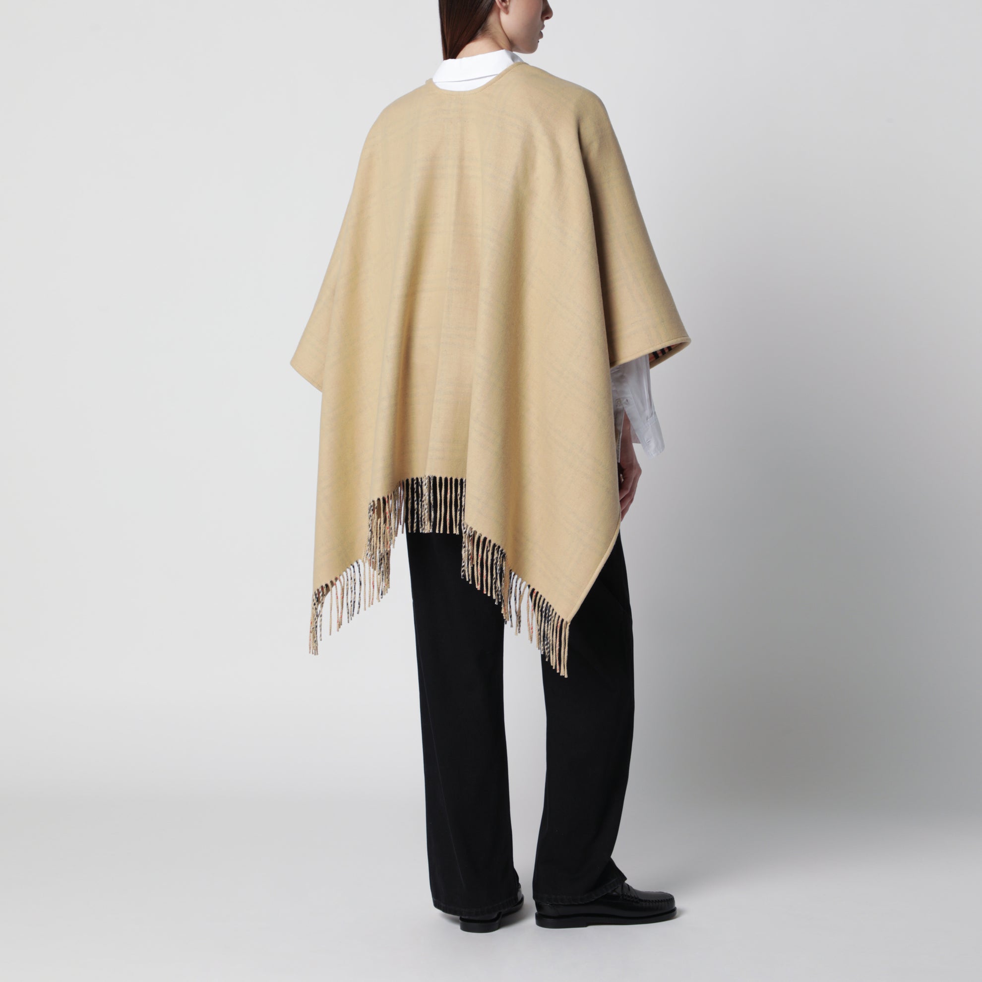 Mantellina reversibile in lana check beige sabbia