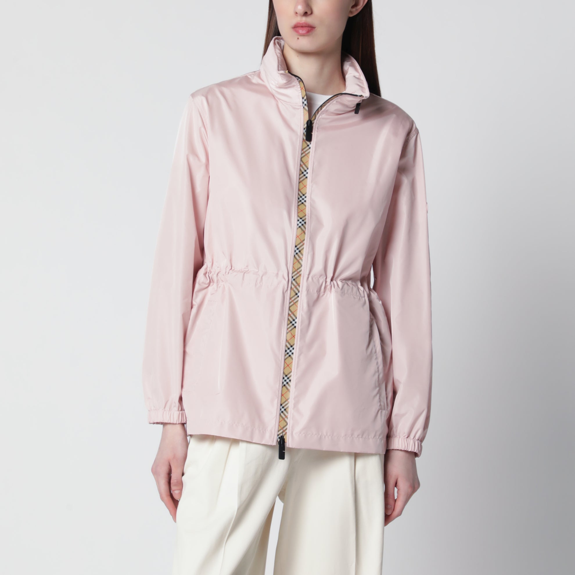 Kurzer rosa Parka aus Nylon mit Check-Band