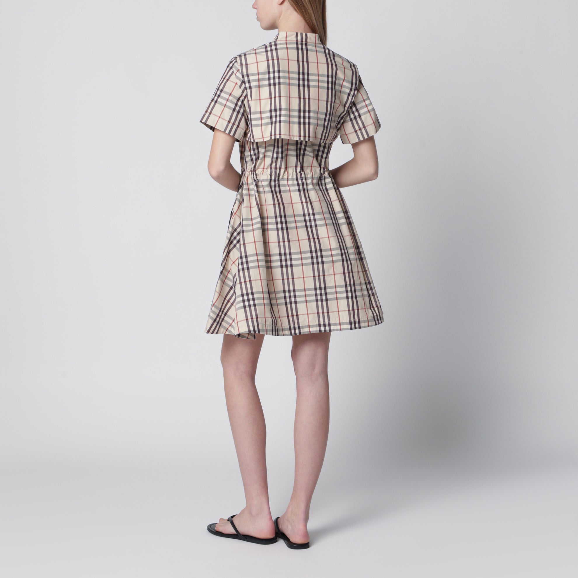 Kurzarmkleid aus Baumwolle mit Karomuster in Beige