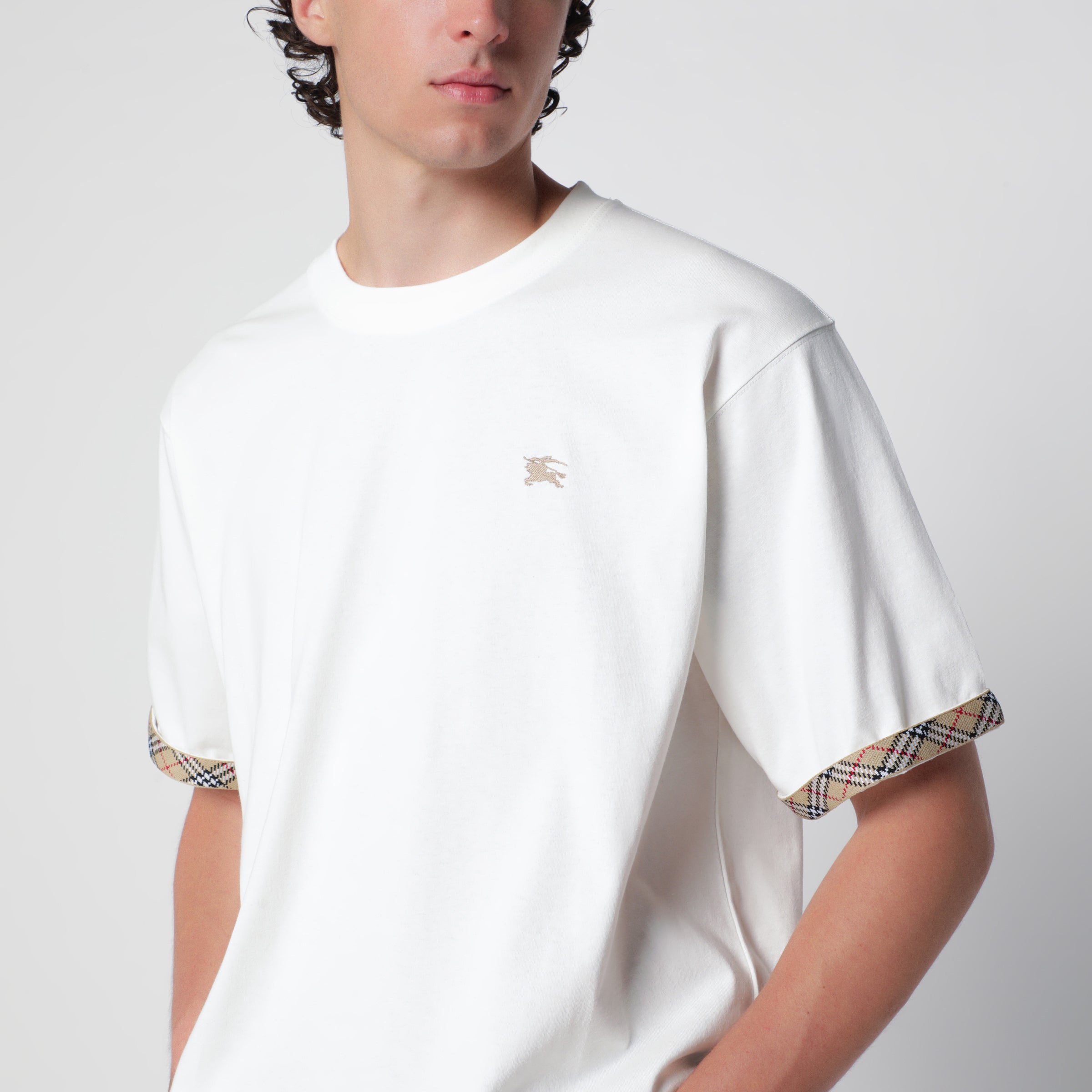 Burberry Cotton jersey T-shirt with Check trim in chalk | TheDoubleF