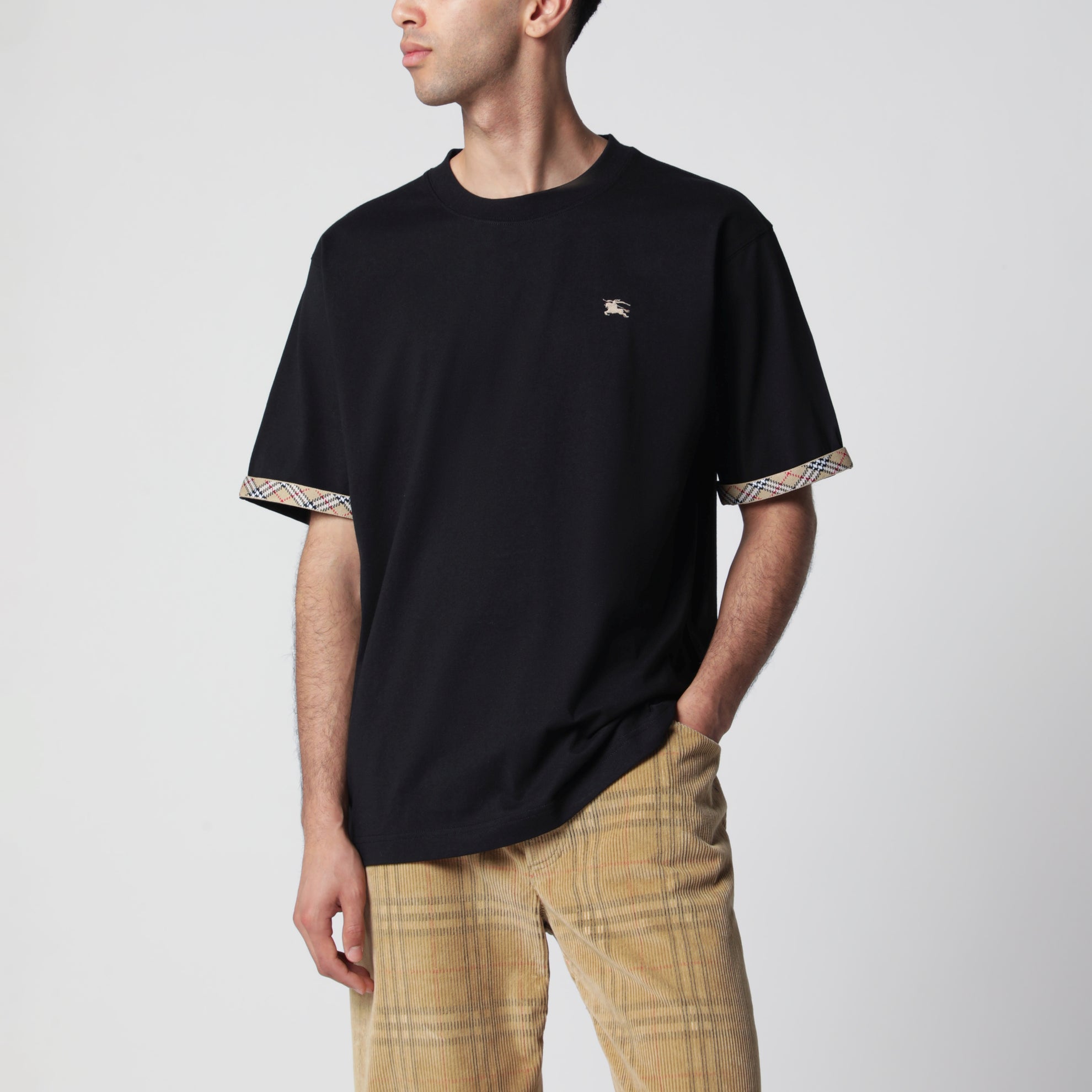 Cotton jersey T-shirt with Check trim in black