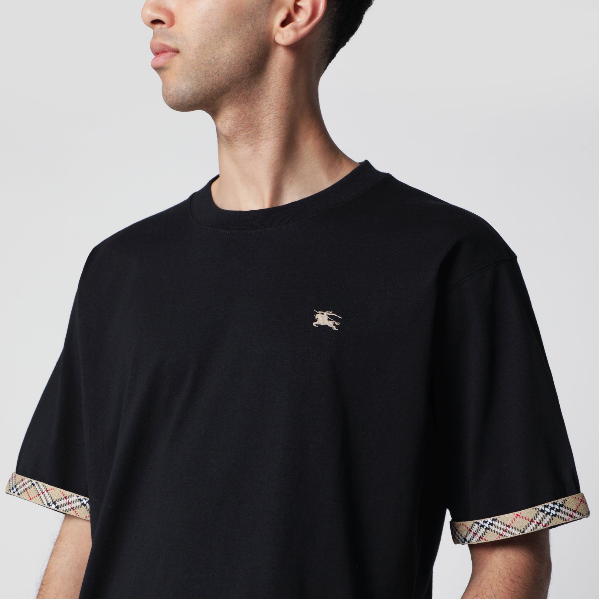 Cotton jersey T-shirt with Check trim in black