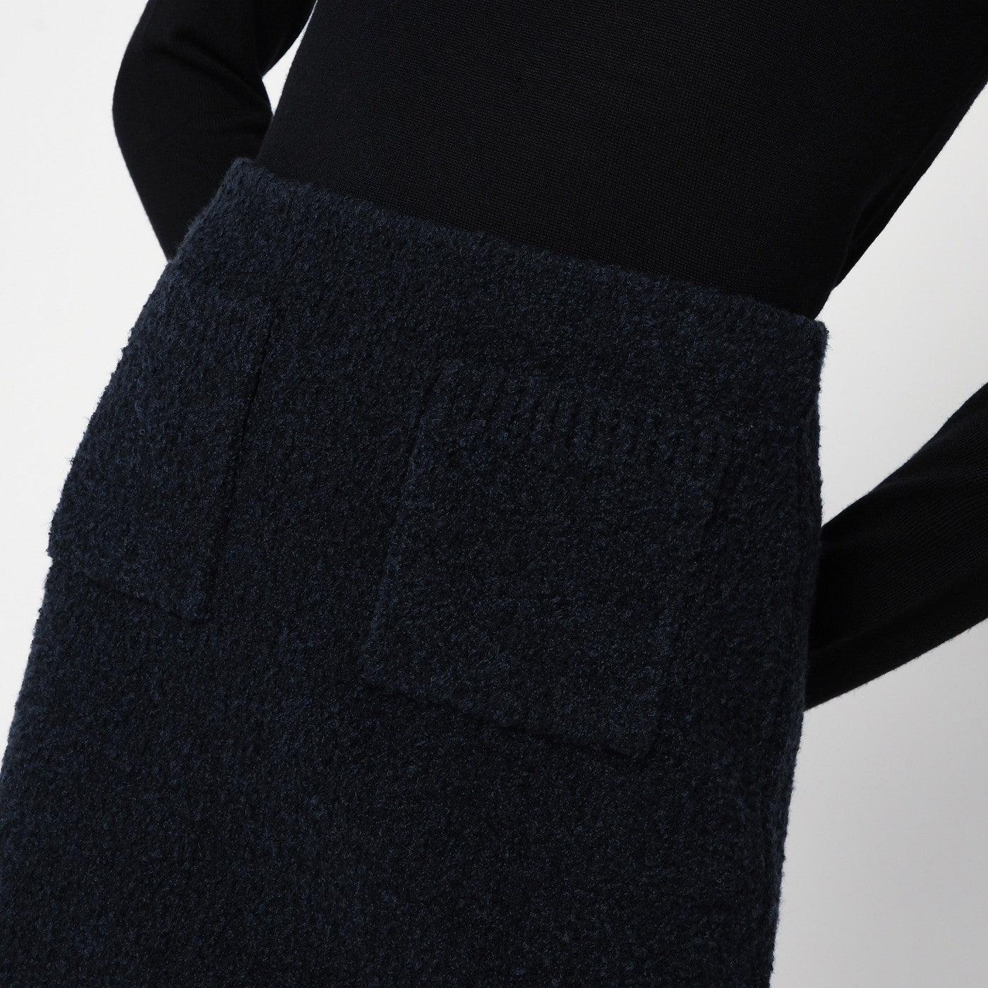 Navy blue bouclé wool blend mini skirt