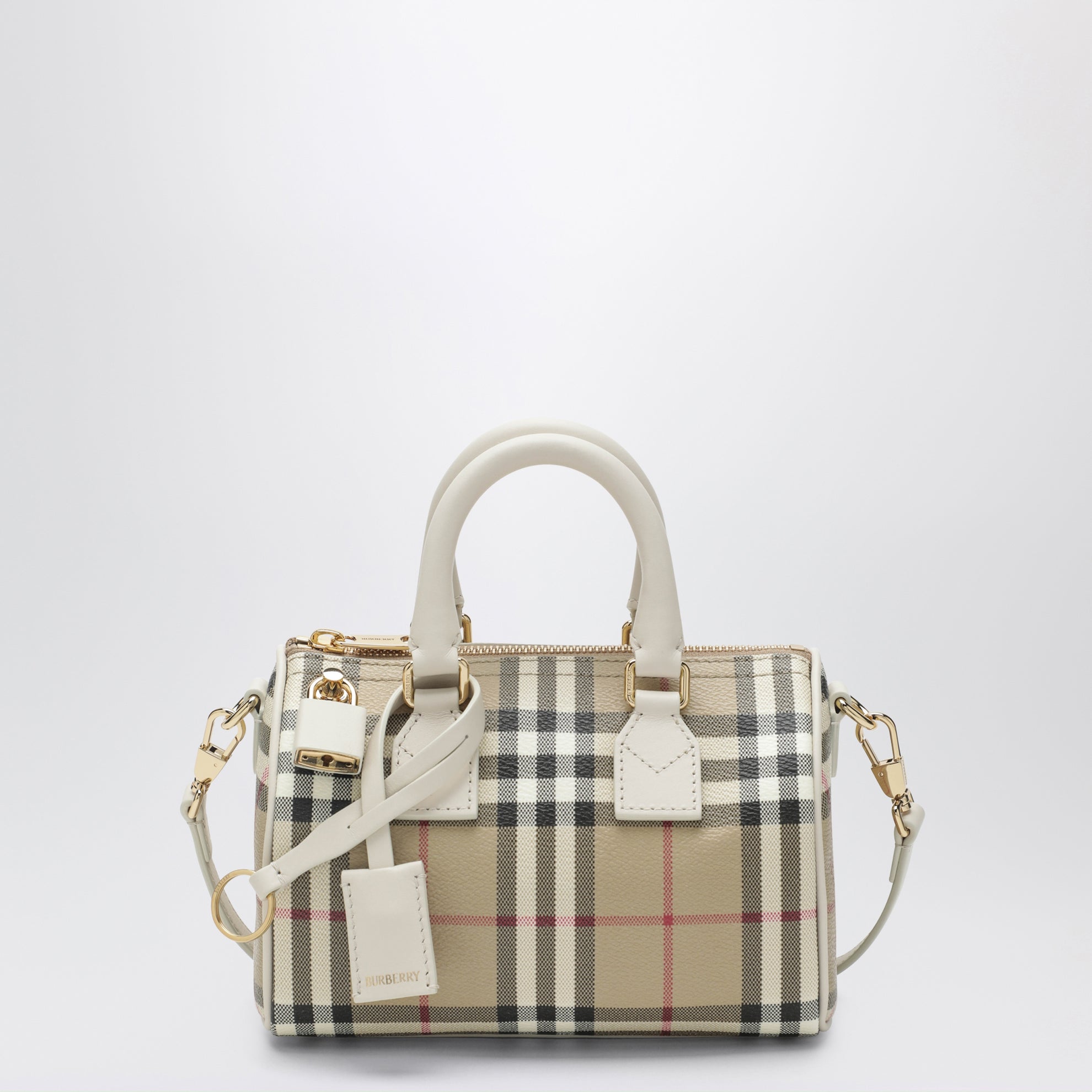 Borsa bowling Mini Check in cotone spalmato beige