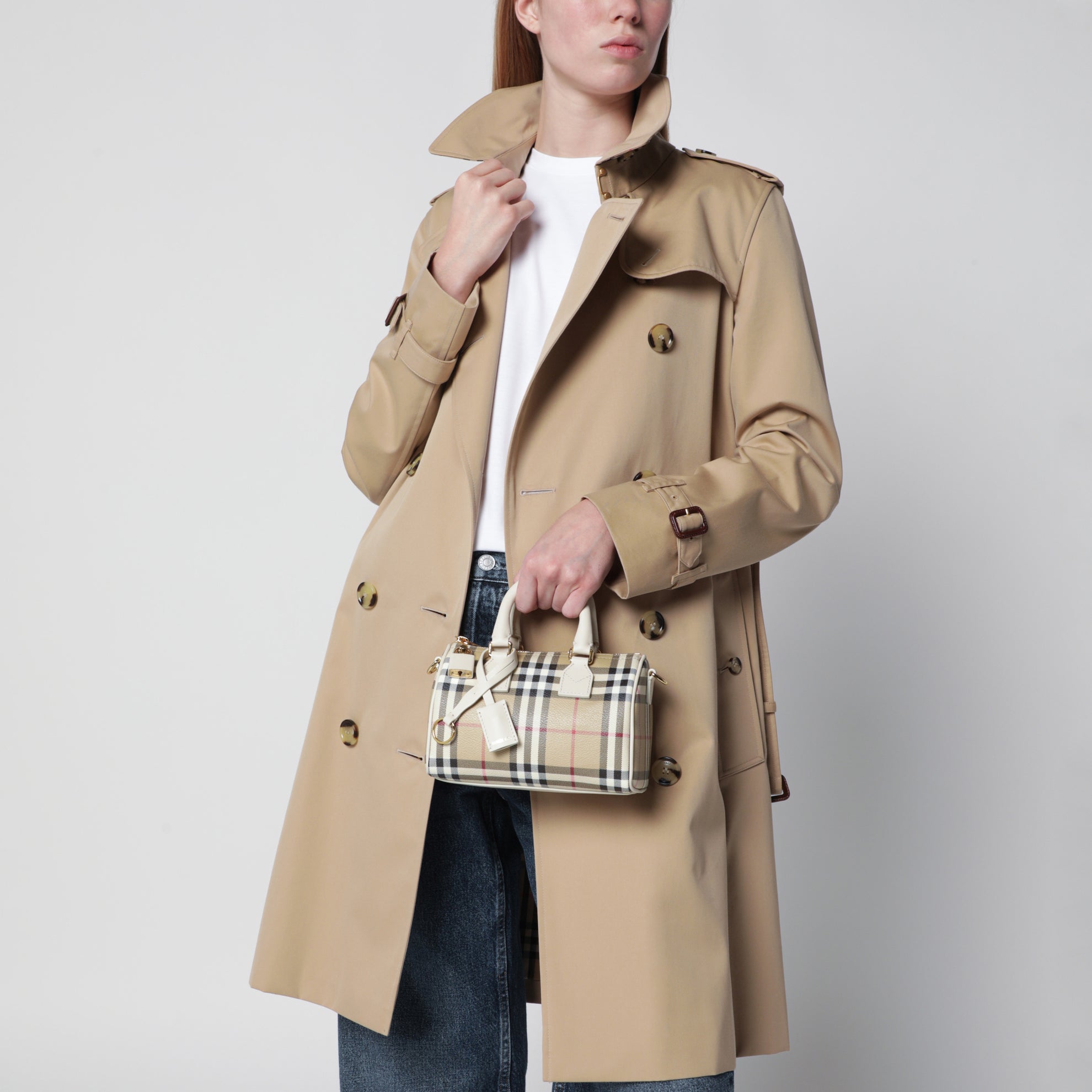 Borsa bowling Mini Check in cotone spalmato beige