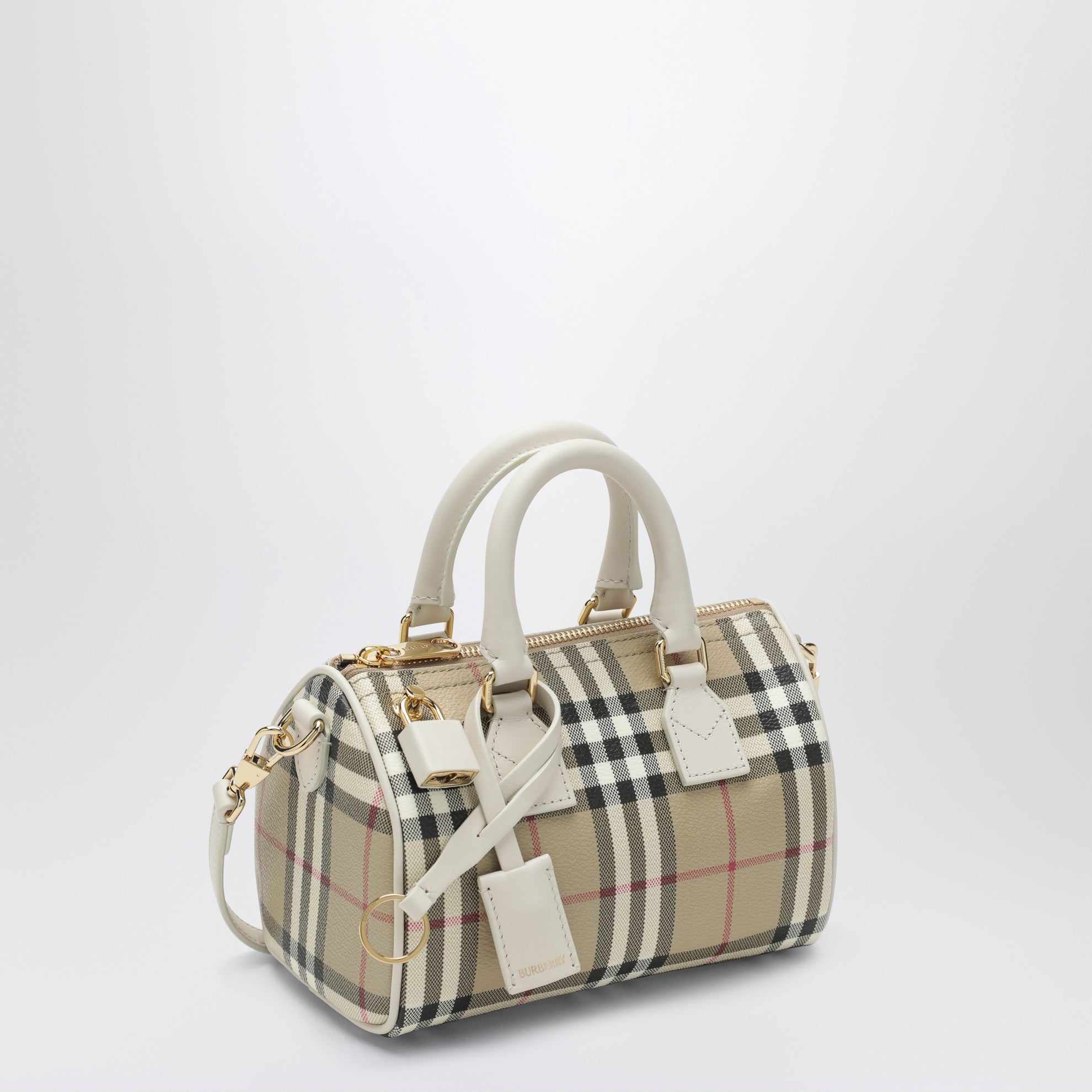 Borsa bowling Mini Check in cotone spalmato beige