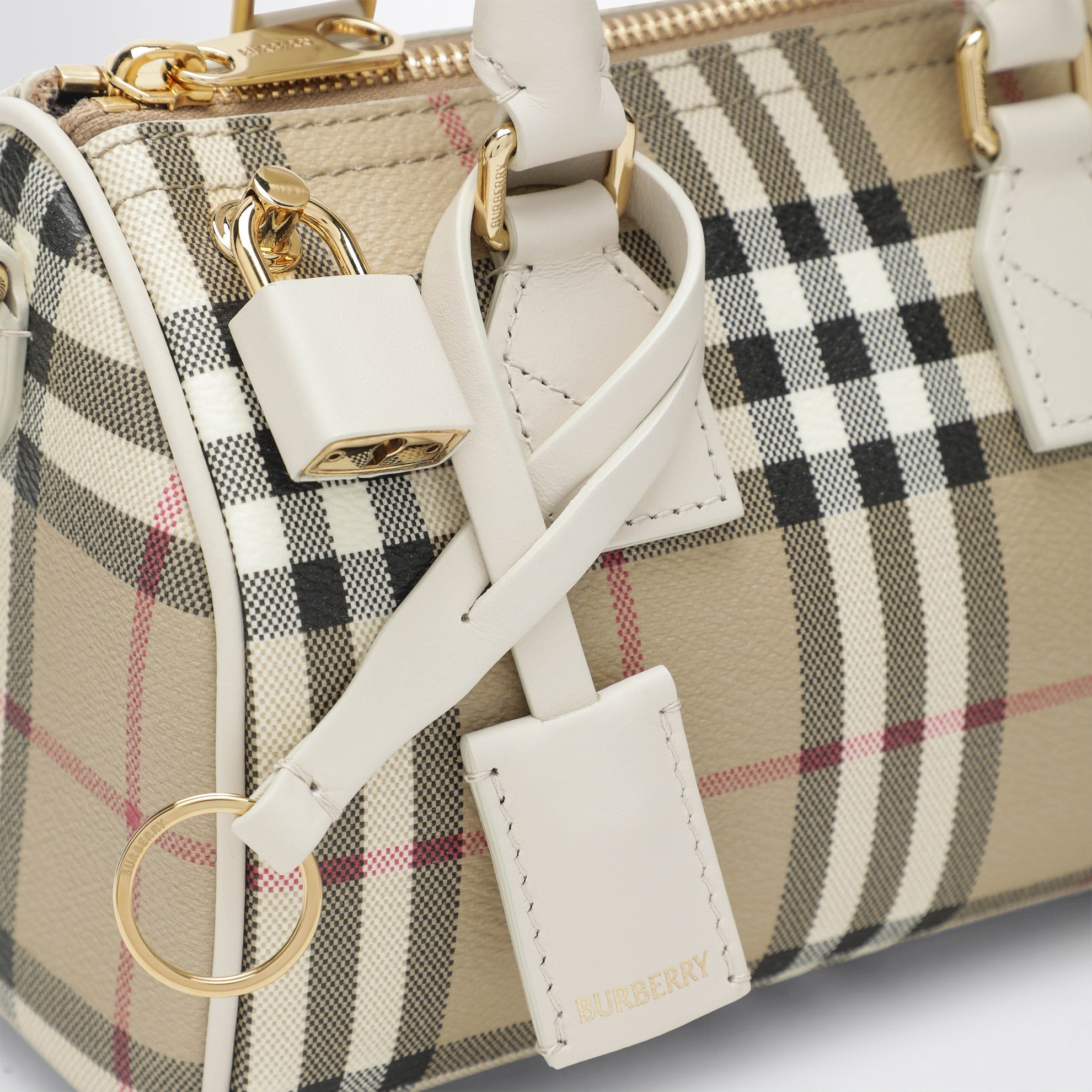 Borsa bowling Mini Check in cotone spalmato beige