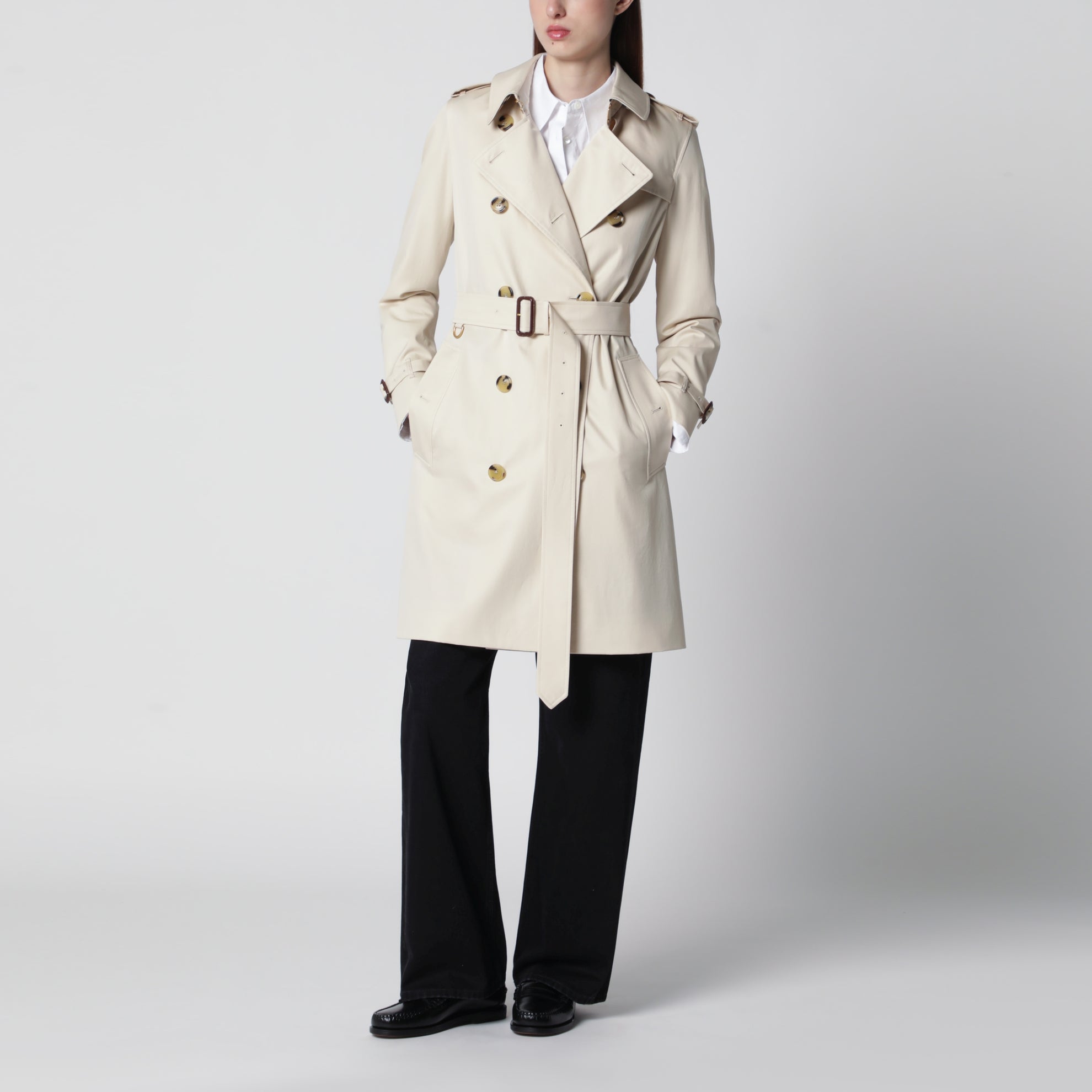 Kensington mid-length tropical gabardine trench coat, beige