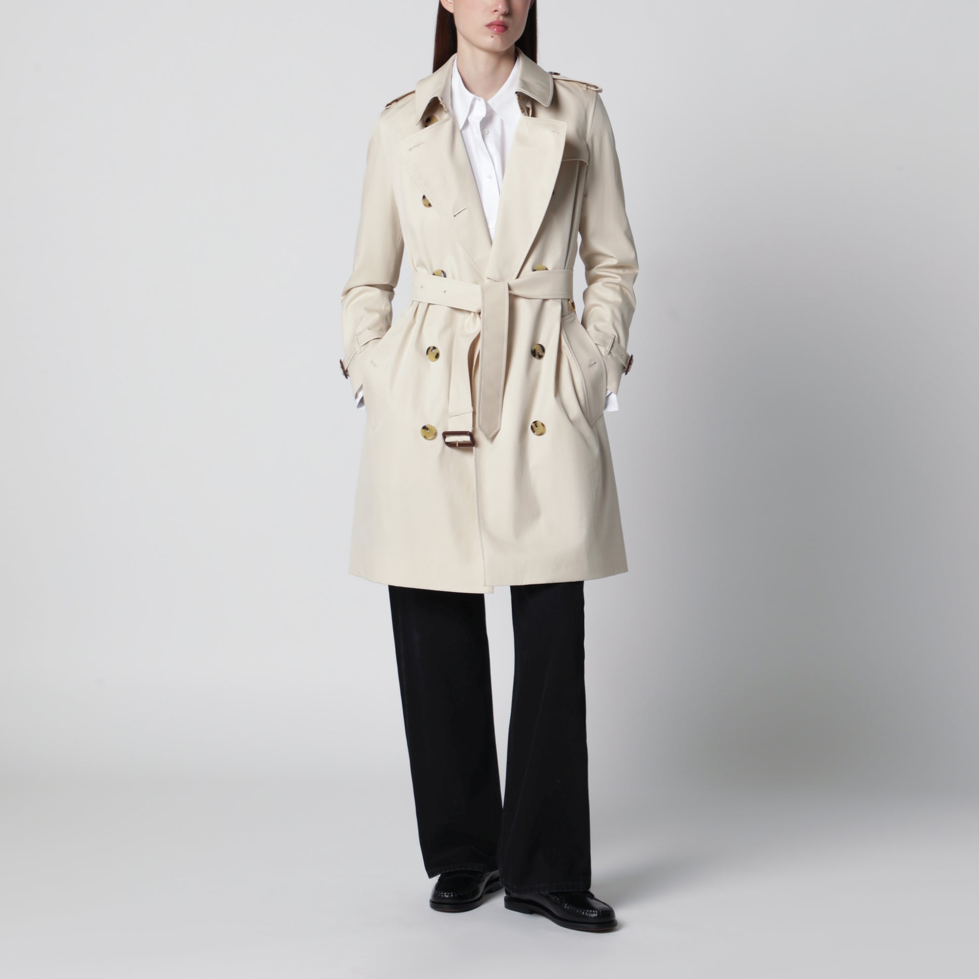 Kensington mid-length tropical gabardine trench coat, beige