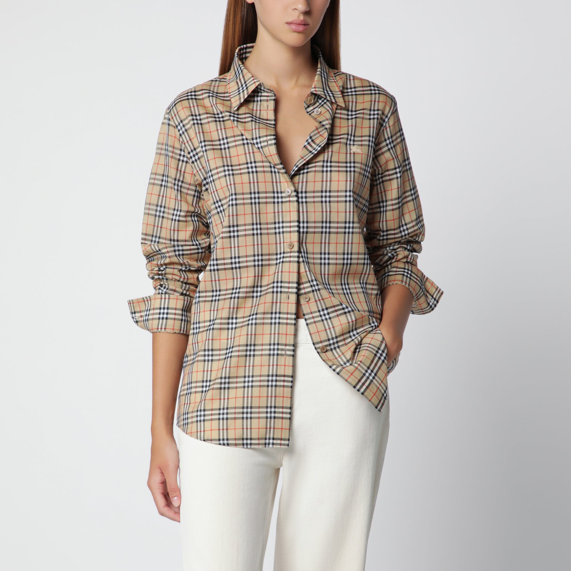 Camicia in cotone beige motivo Check