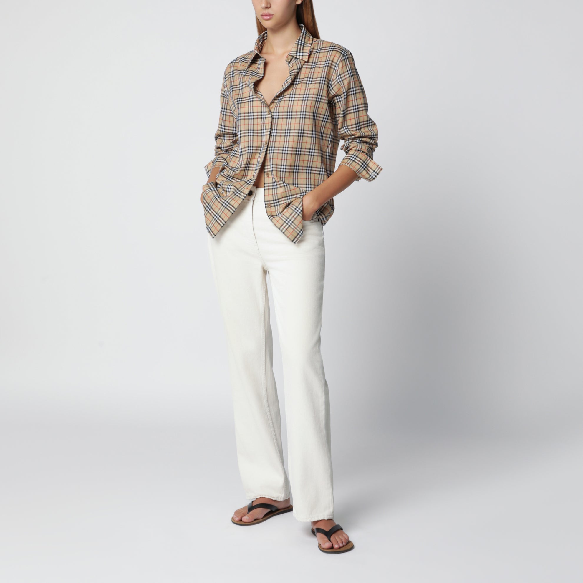 Camicia in cotone beige motivo Check