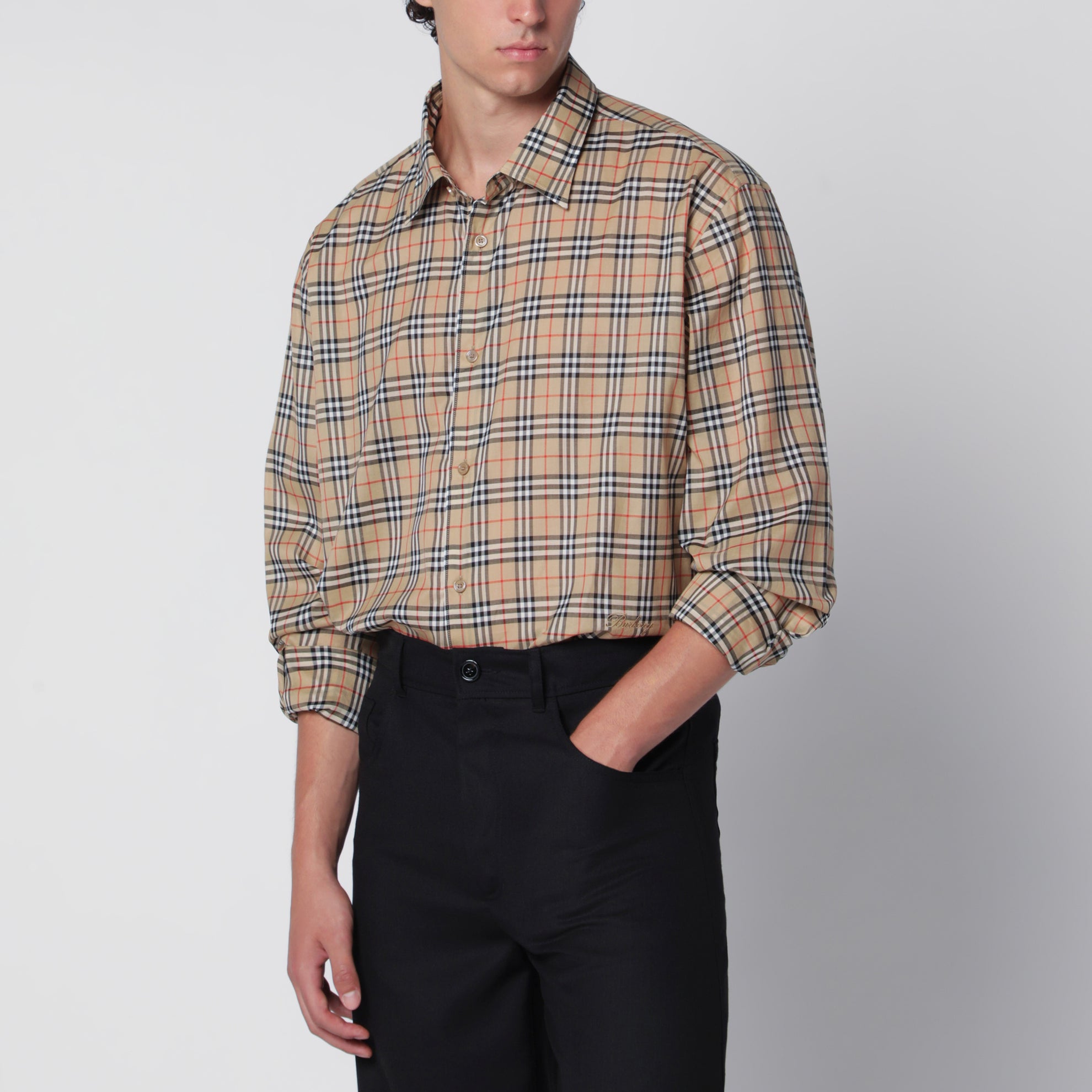Camicia in cotone beige motivo Check