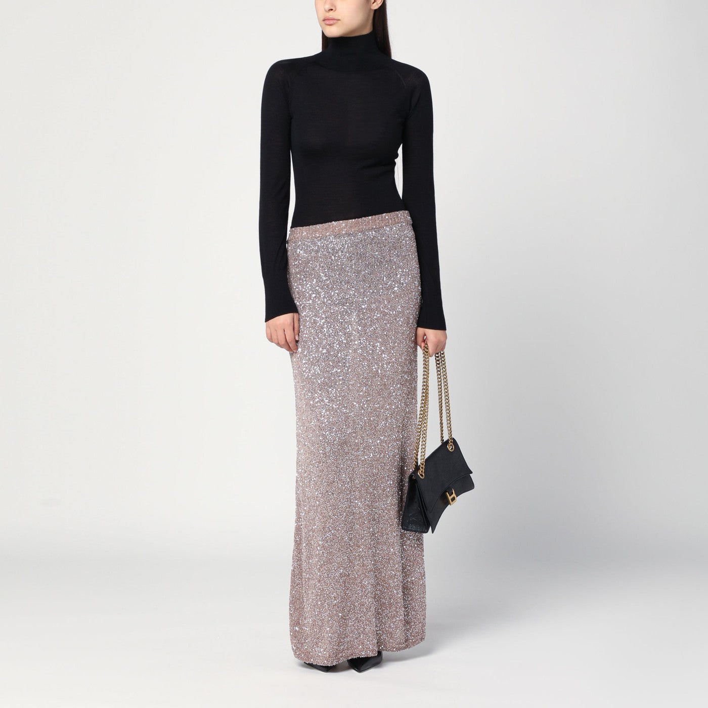 Maxi gonna marrone chiaro/argento con paillette