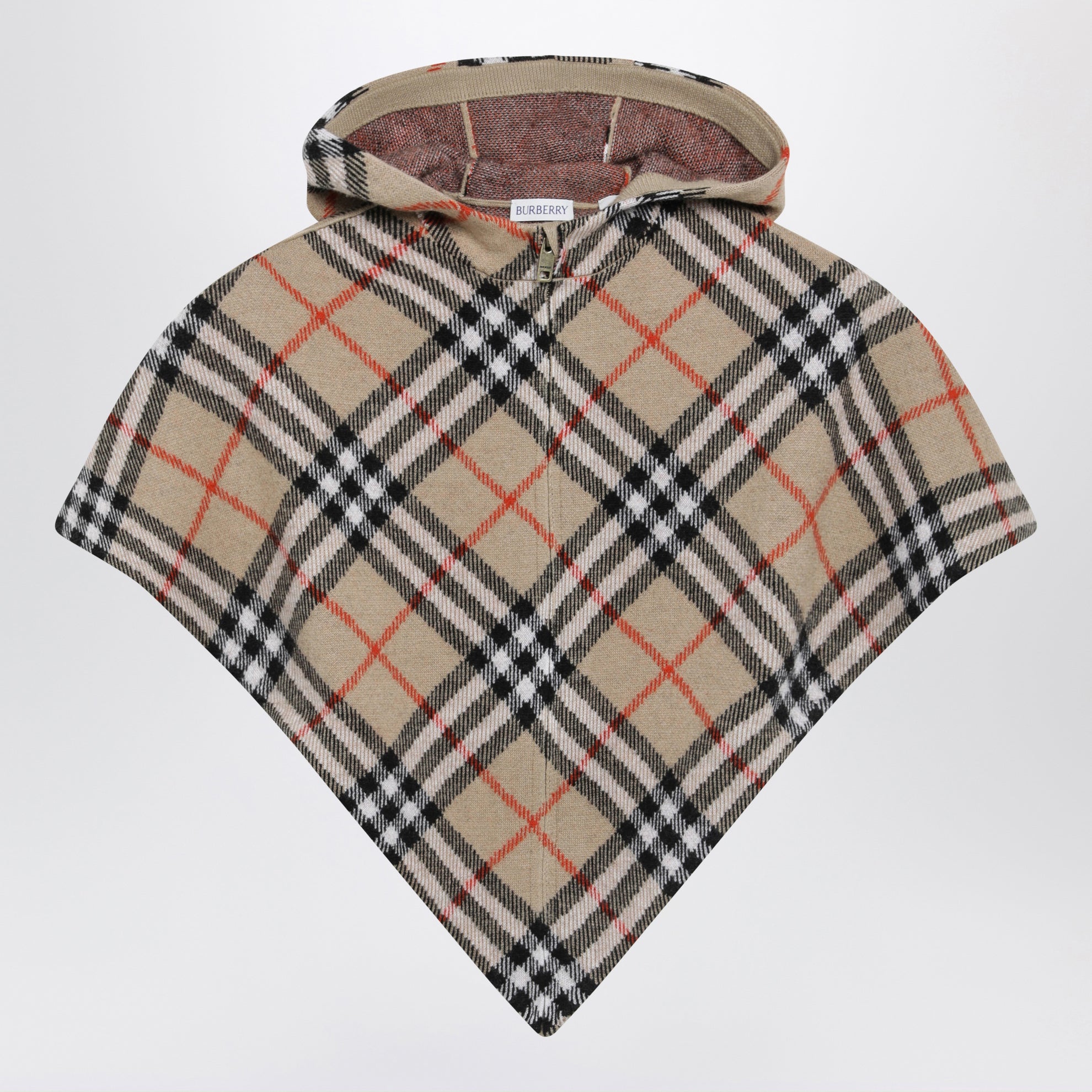 Sand-coloured wool cape with a checked pattern