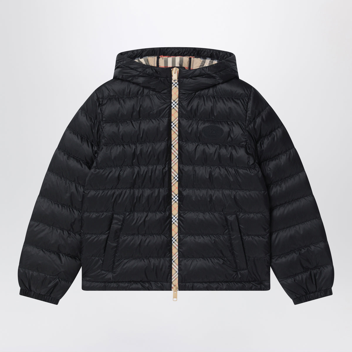 Piumino nero in nylon con dettagli motivo Check