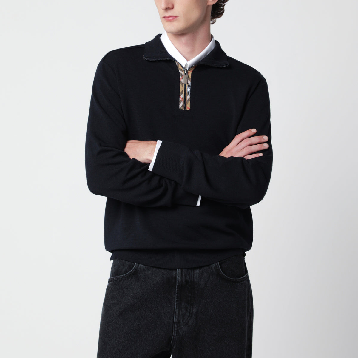 Pullover blu navy in lana con mezza zip