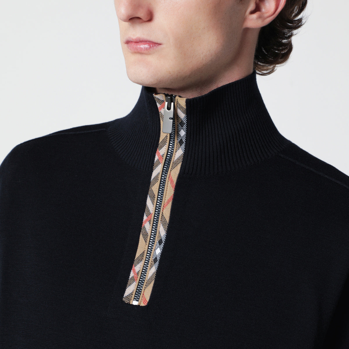 Pullover blu navy in lana con mezza zip