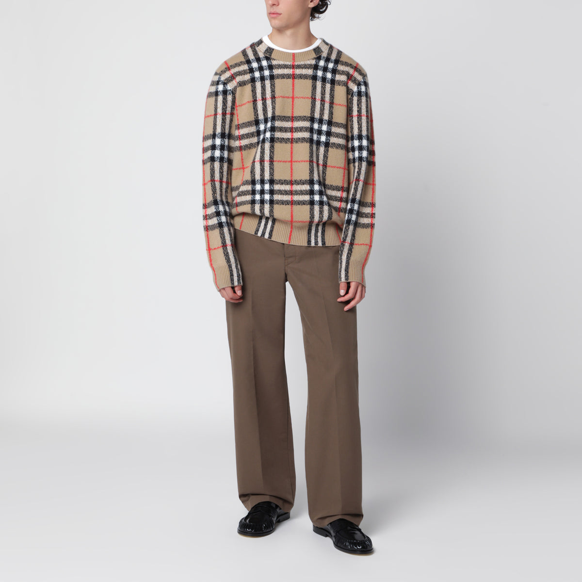 Sand beige cashmere check sweater