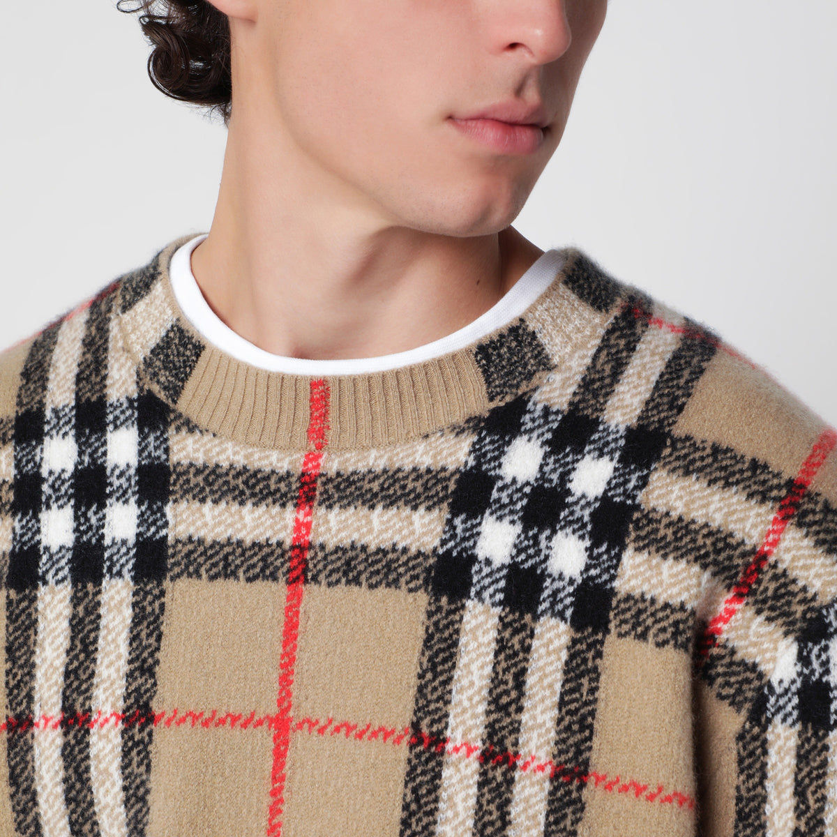 Sand beige cashmere check sweater