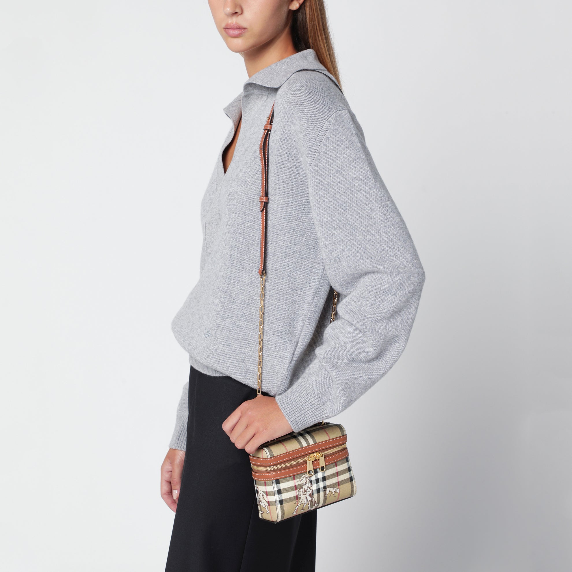 Beige Check Mates Mini-Vanity-Tasche