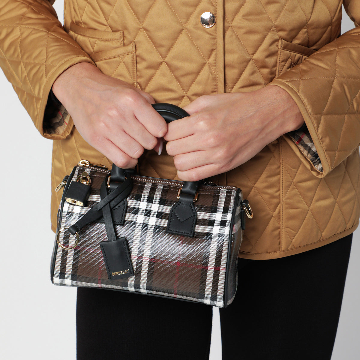 Borsa bowling mini Check marrone in cotone