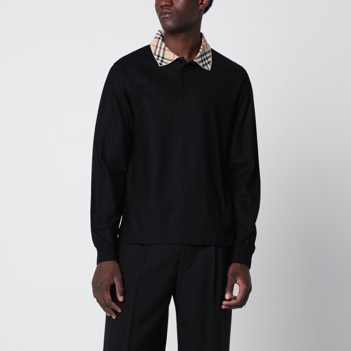 Black long-sleeved cotton polo shirt