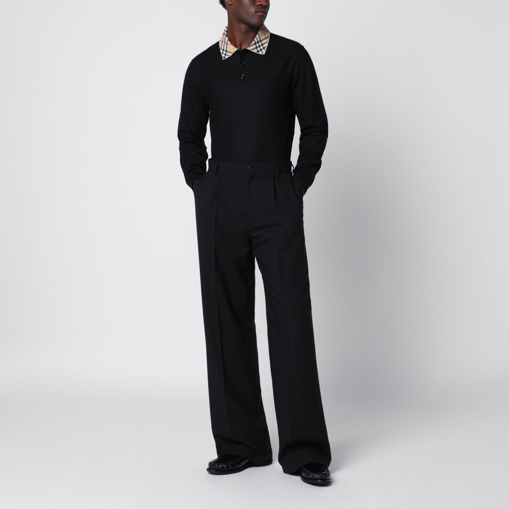Black long-sleeved cotton polo shirt