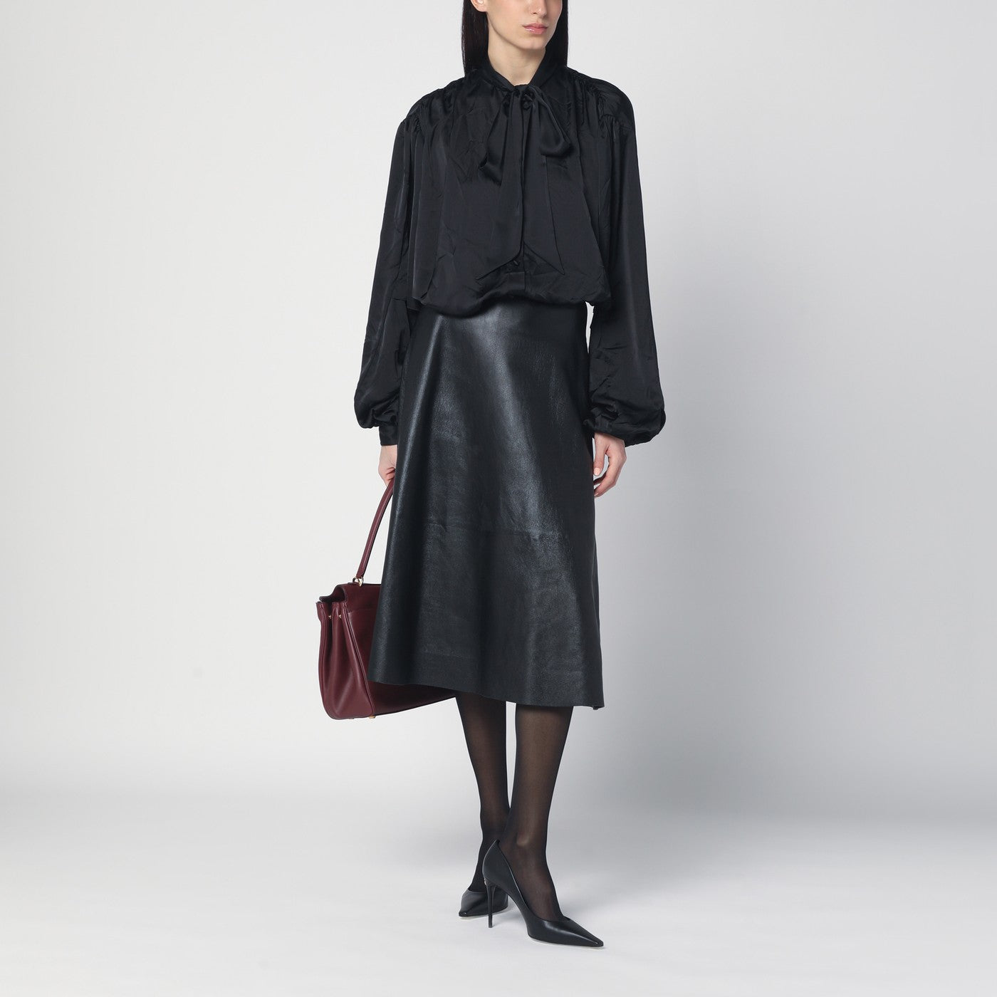 Black satin blouse with bow