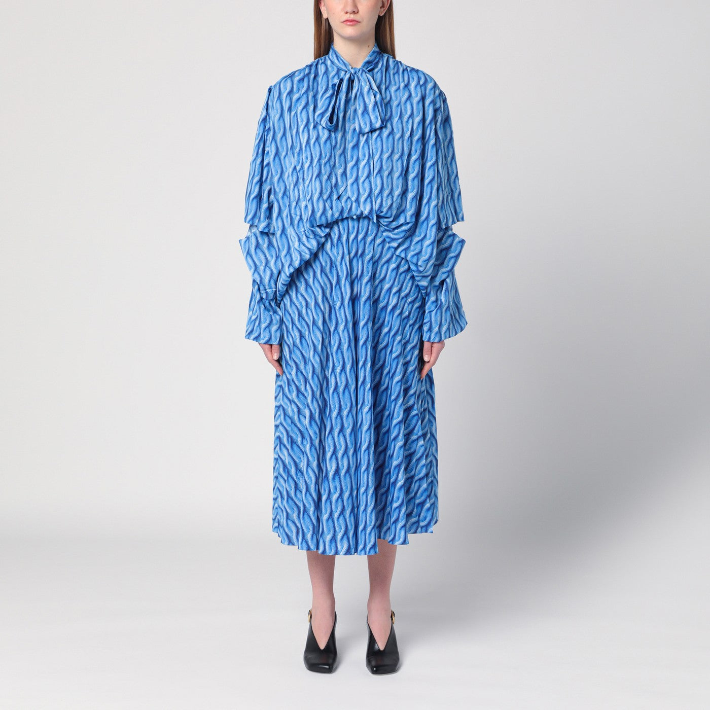 Robe midi avec noeud à imprimé bleu
