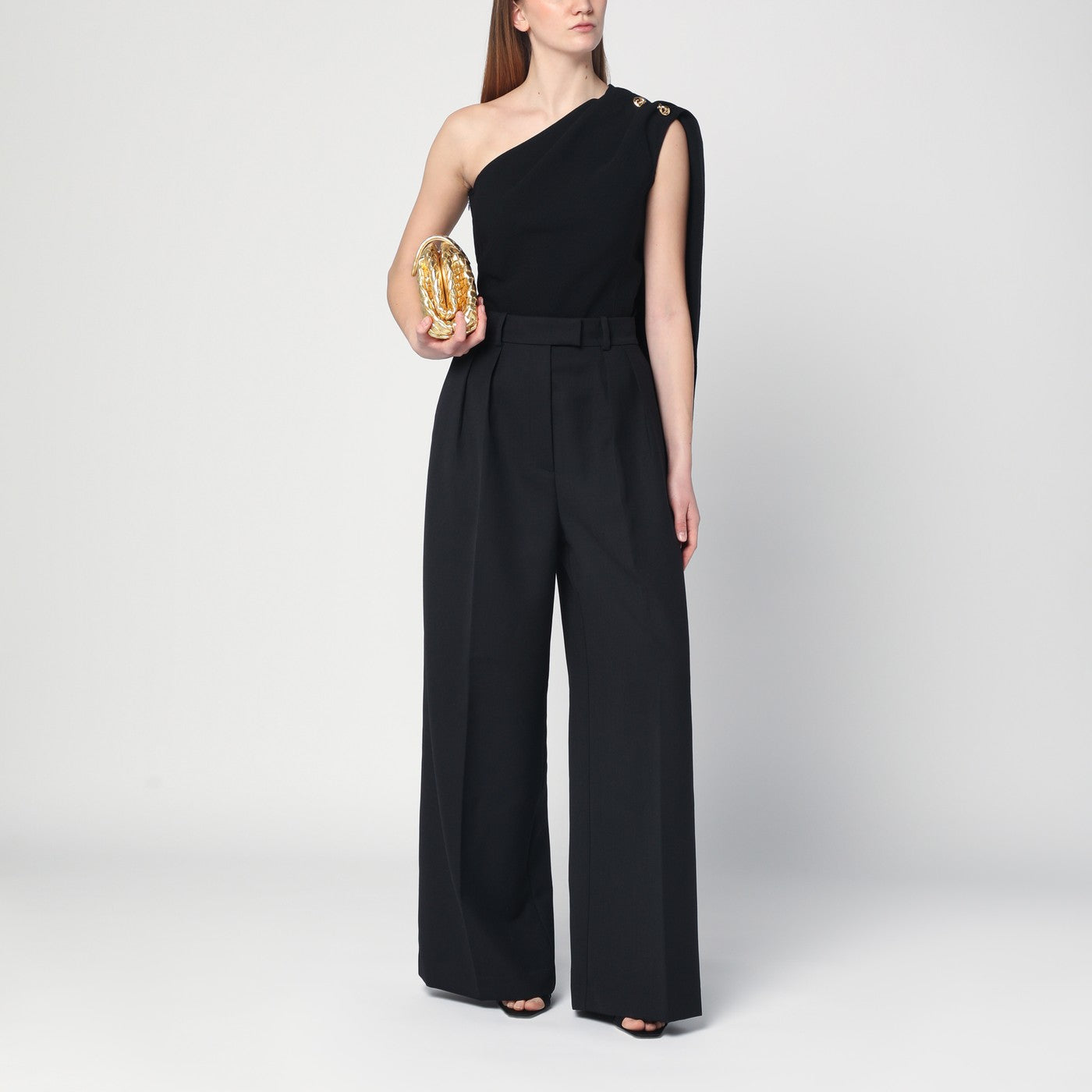 Black top in viscose crêpe and wool