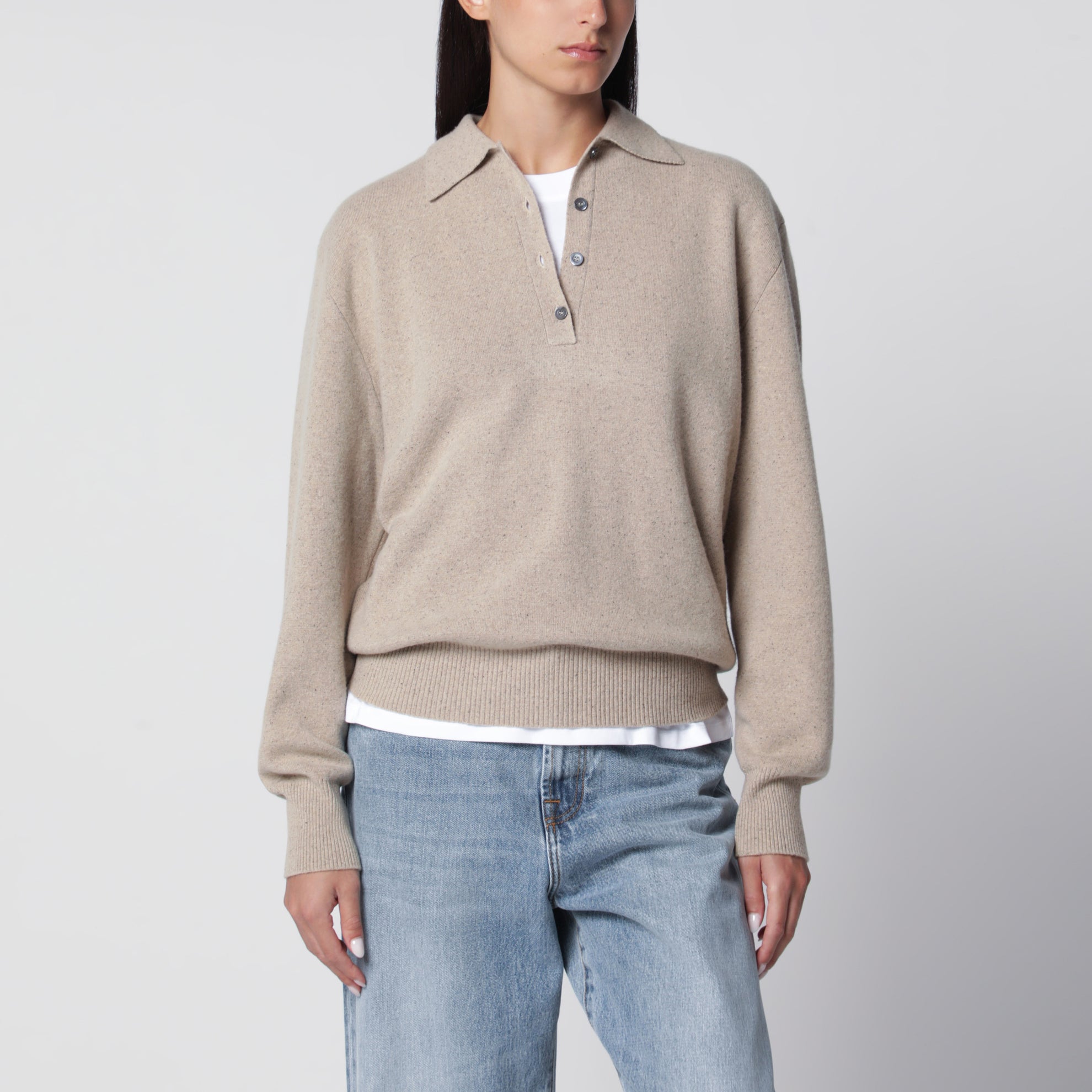 Stone Mélange Wool and Cashmere Polo Shirt