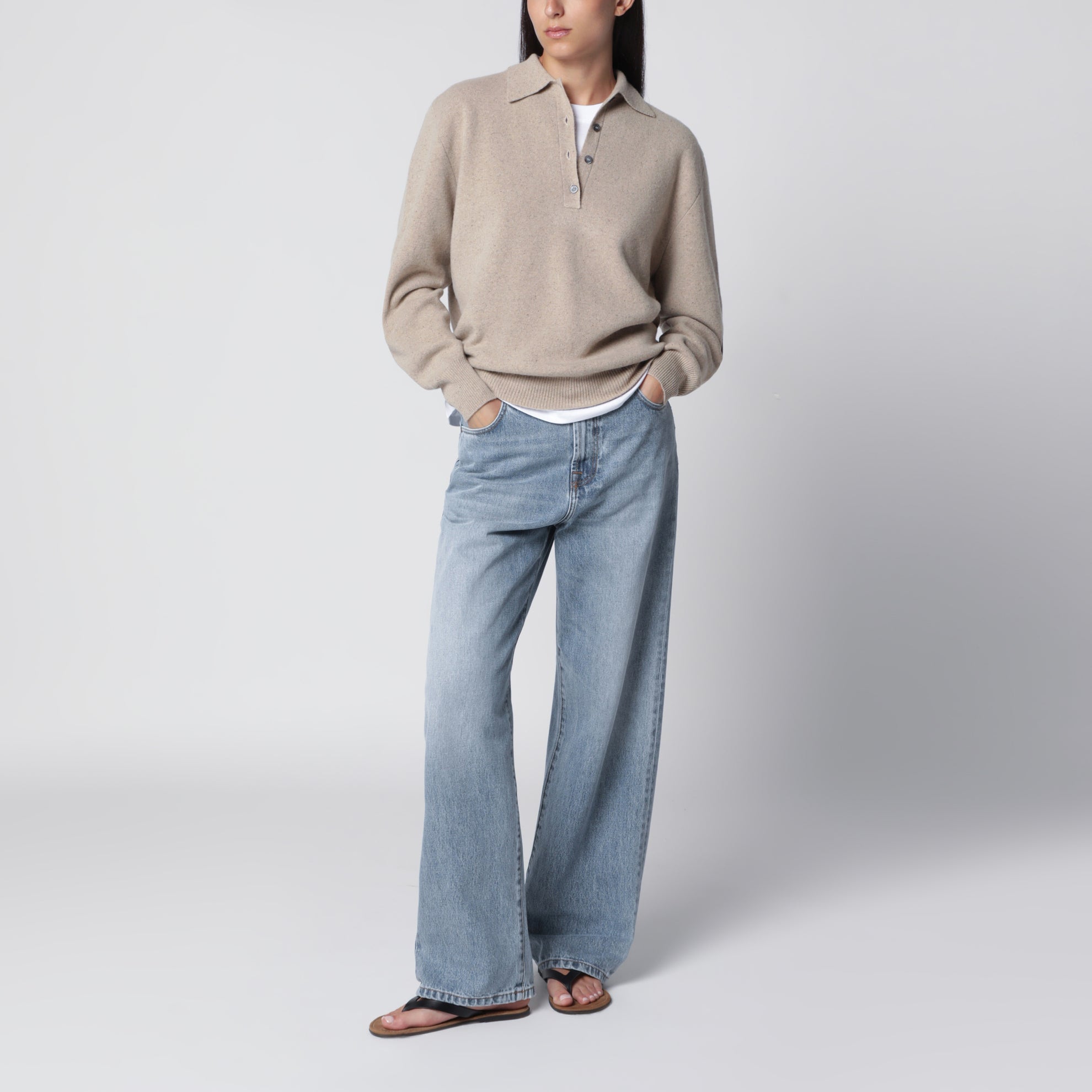 Stone Mélange Wool and Cashmere Polo Shirt